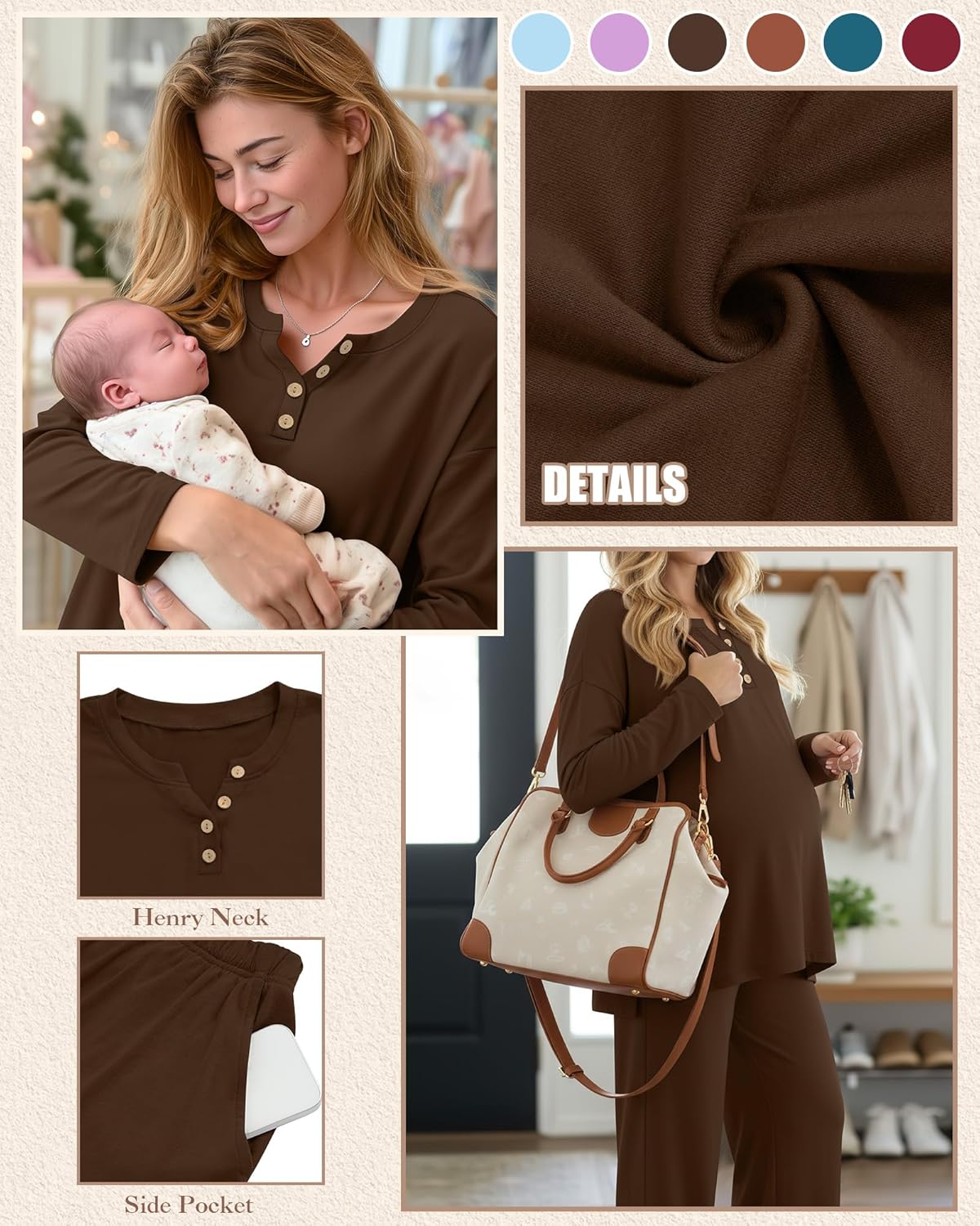 Women's Maternity Pajamas Sets, Long Sleeve Pregnancy Postpartum Delivery Lounge Nursing Pjs with Pockets Pjs