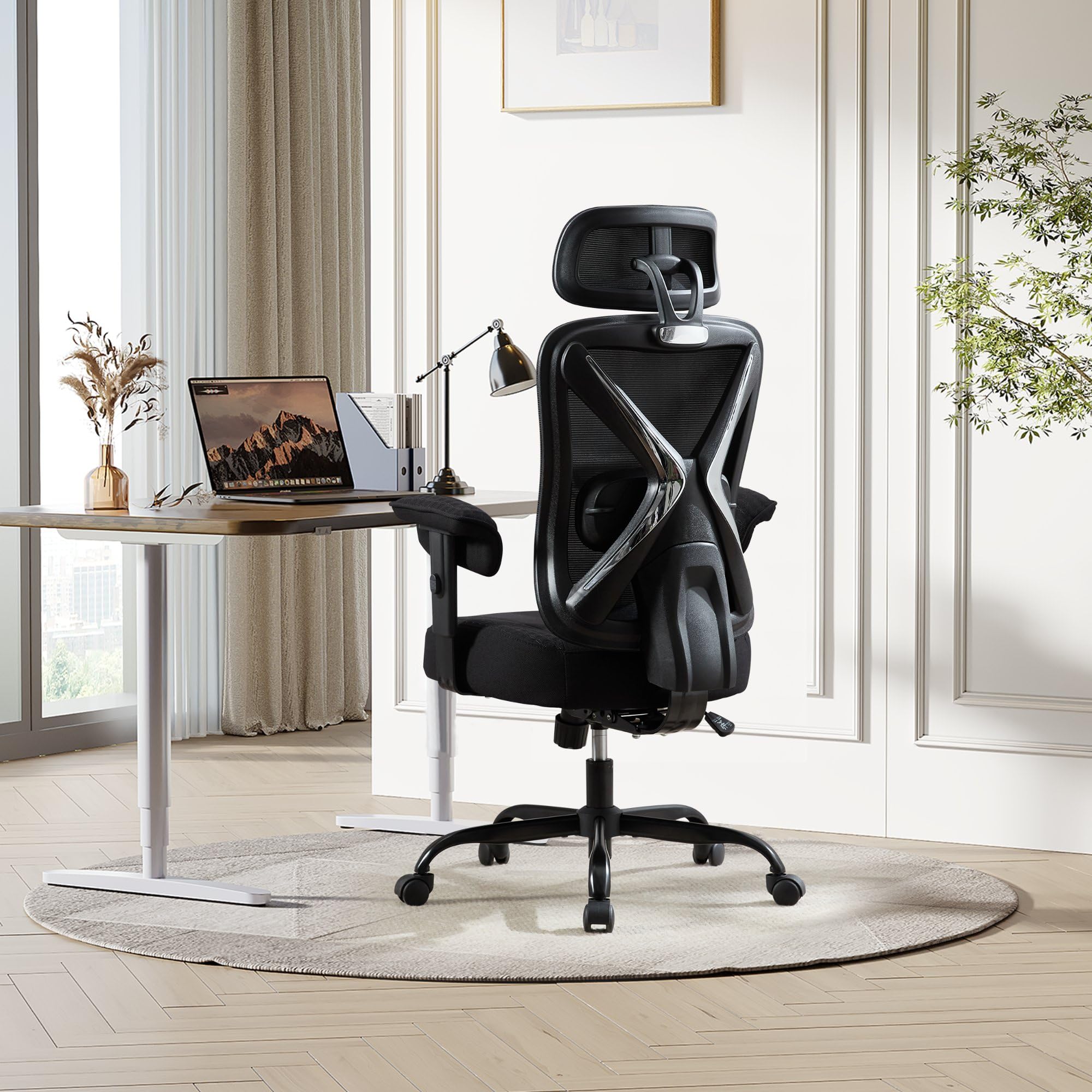 UEV Ergonomischer Bürostuhl 220kg mit Kopfstütze, Schreibtischstuhl Schwarz | Verstellbare Lendenwirbelstütze/Armlehnen, atmungsaktiv Netzbespannung, 13,5CM verdicke Sitzkissen,Home Office Chair
