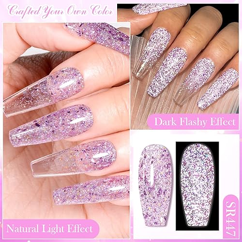 Miniatura 4 de MEET ACROSS Juego de esmaltes de uñas de gel de 6 colores reflectantes con purpurina para uñas, kit de esmalte de uñas de gel azul, rosa intenso,