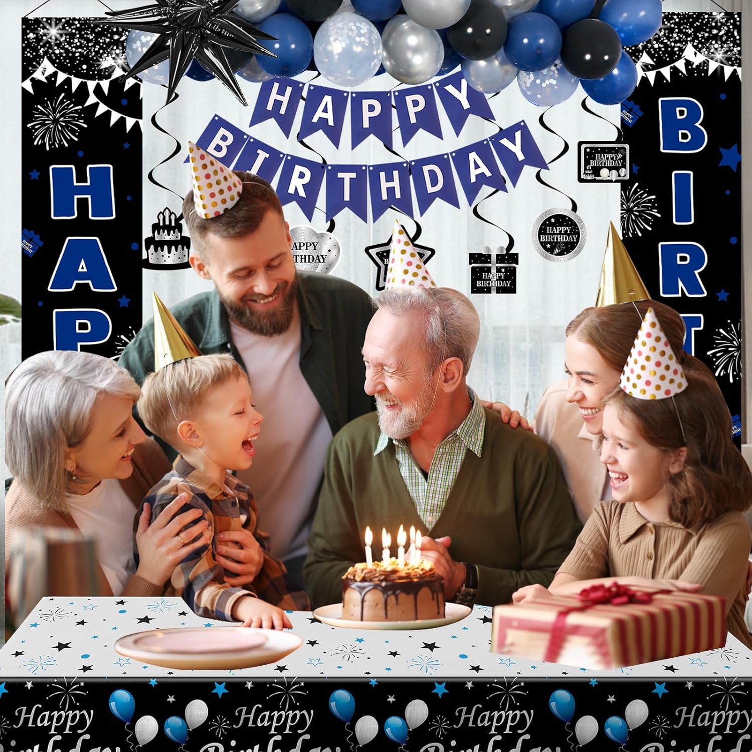 Blue and Black Birthday Decorations for Men Women Boys, Happy Birthday Decorations Banner Balloons Tablecover Fringe Curtain Door Banner Blue Silver, Mens Boy Bday Party Decoration Supplies Decor - Image 6