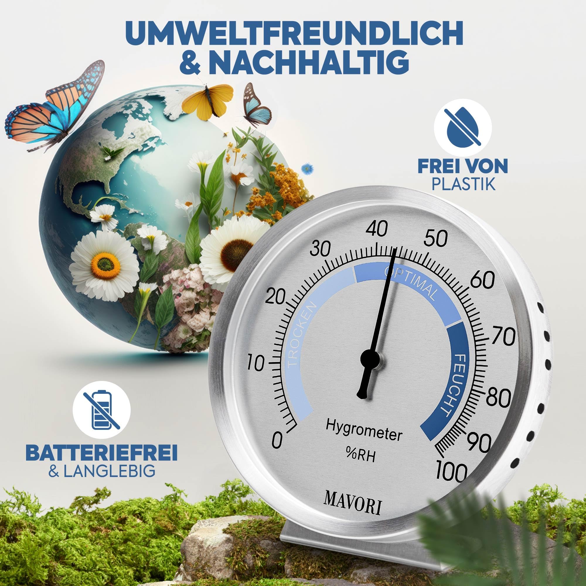Hygrometer innen analog aus Edelstahl - eleganter & präziser Luftfeuchtigkeitsmesser für ein gesundes Raumklima - umweltfreundlicher batteriefreier Betrieb - Ø 9,5 cm