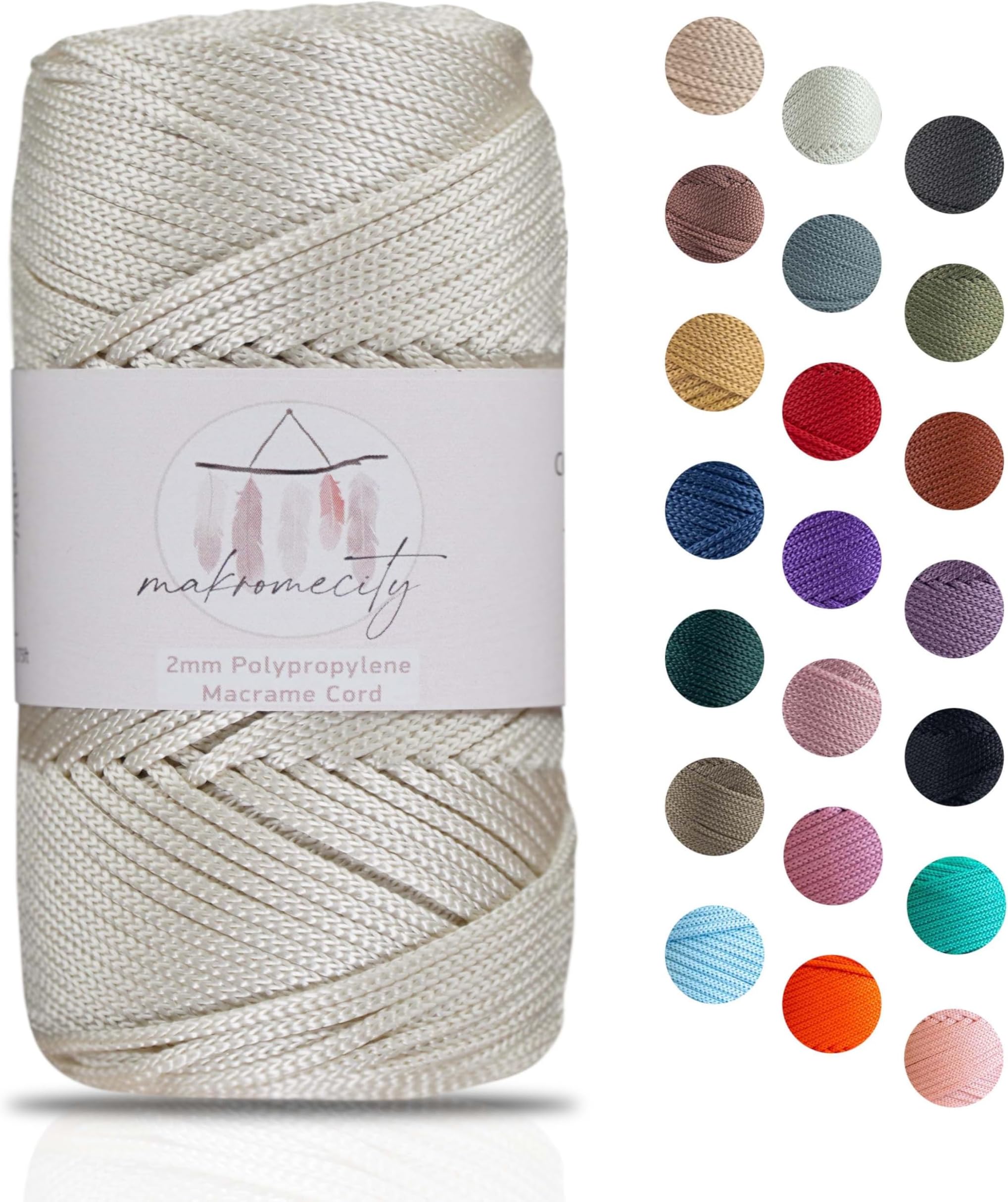 Makromecity, Polyester Macrame Cord 2mm x 125 Yards (375 feet) 2mm Polypropylene Macrame Cord Crochet Macrame Bag Cord Crafts for Wall Hangings, Bags, Underplate, Rug (1, Ecru)