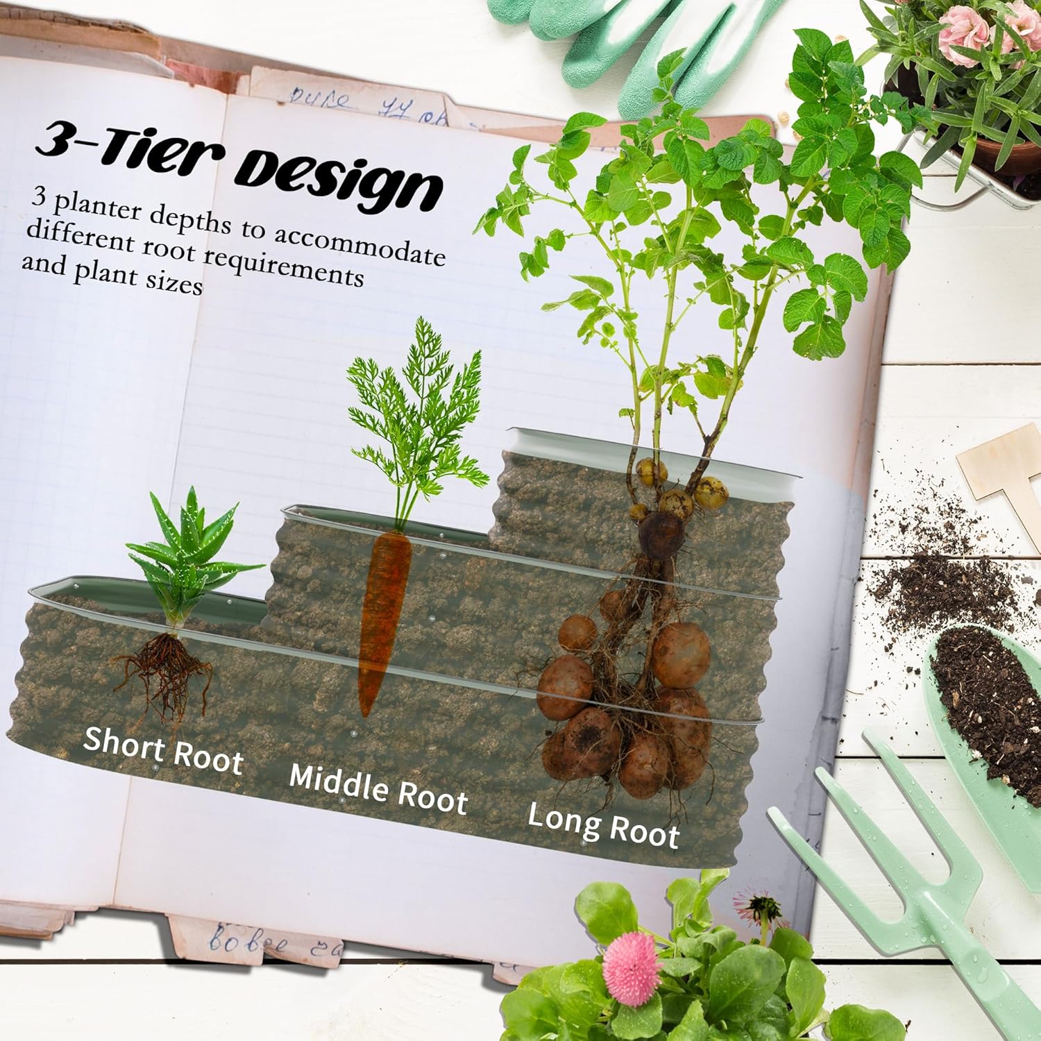 3-Tier Raised Garden Bed Kit - Galvanized Steel Planter Boxes for Vegetables, Flowers, Herbs - Open Bottom for Superior Drainage - Outdoor Gardening - Green