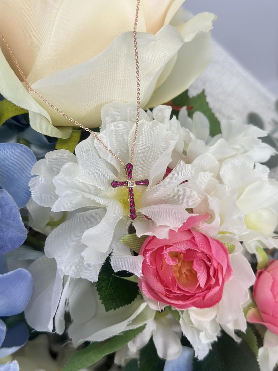 LE VIAN 1/50 Carat Diamond Cross Pendant Necklace for Women with 1/3 Carat Ruby | 14k Rose Gold Necklace for Her Elegant Pave Design I 18 Inch Chain (White, 0.01 cttw) Lobster Claw Clasp - Image 5