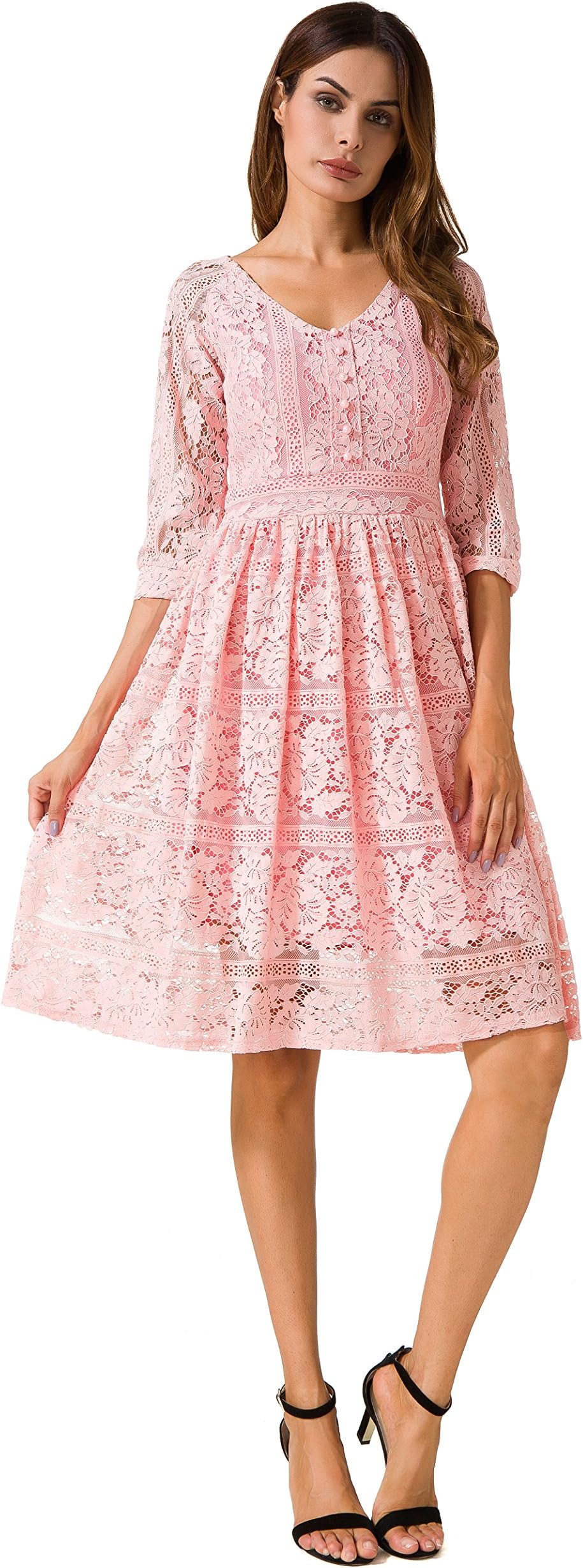 AMII Women's A-line V Neck Lace 3/4 Sleeve Knee Length Dress Pink S