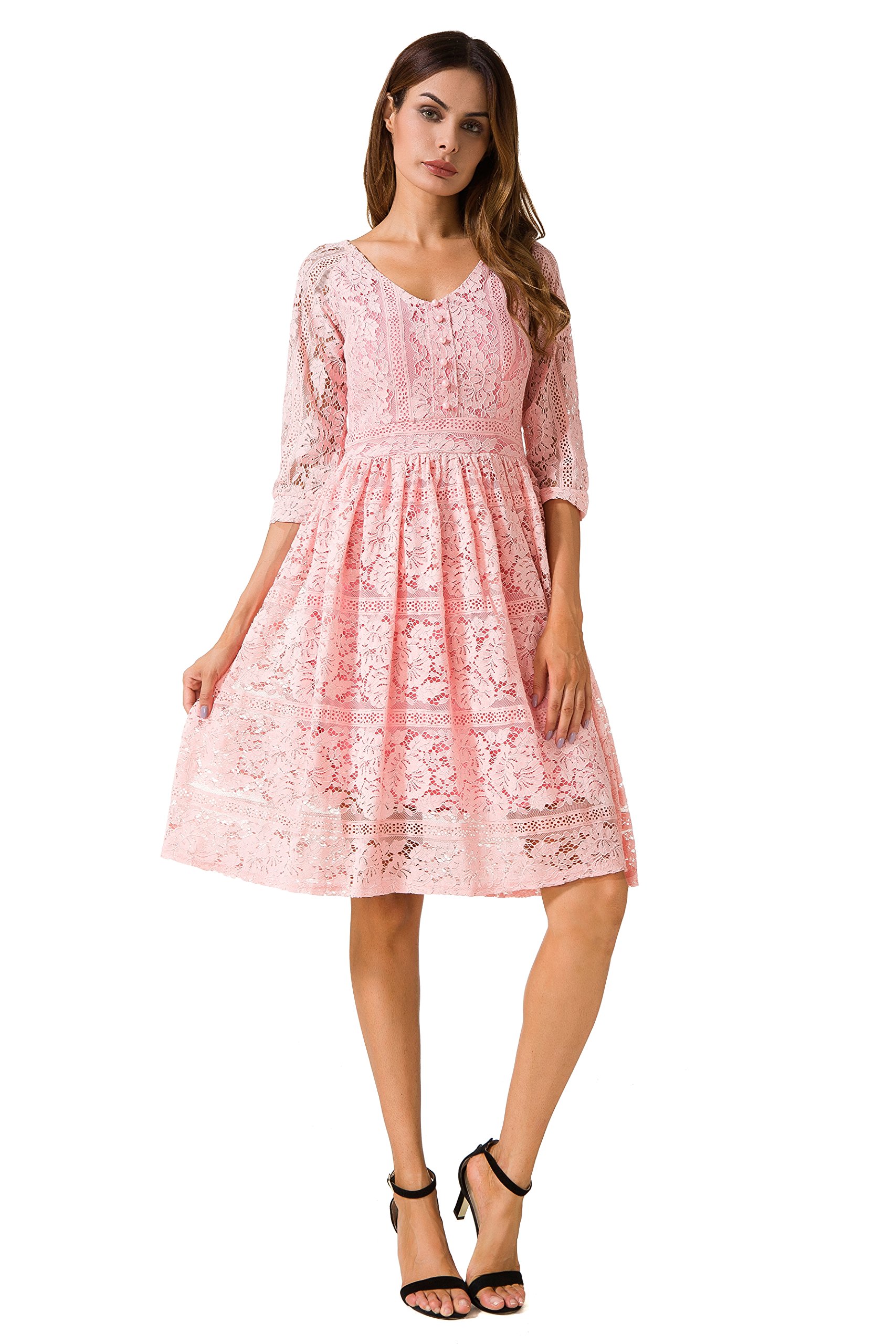 AMII Women's A-line V Neck Lace 3/4 Sleeve Knee Length Dress Pink S