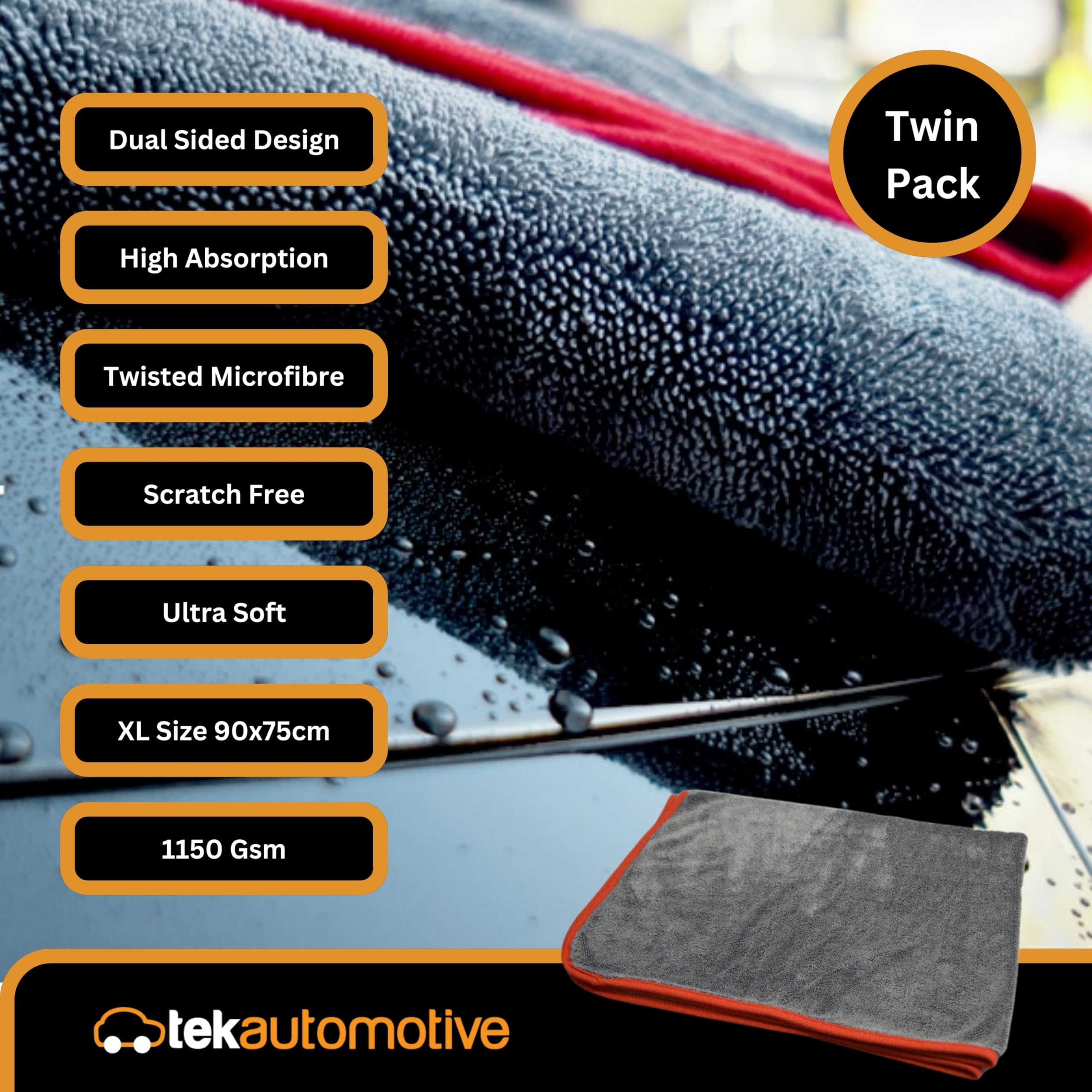 Tek Automotive Paquete de 2 toallas de secado de microfibra de triple torsión, ultra absorbentes, sin arañazos, extra grandes, 90 x 75 cm, toalla de secado de coche para limpieza, detalles y pulido
