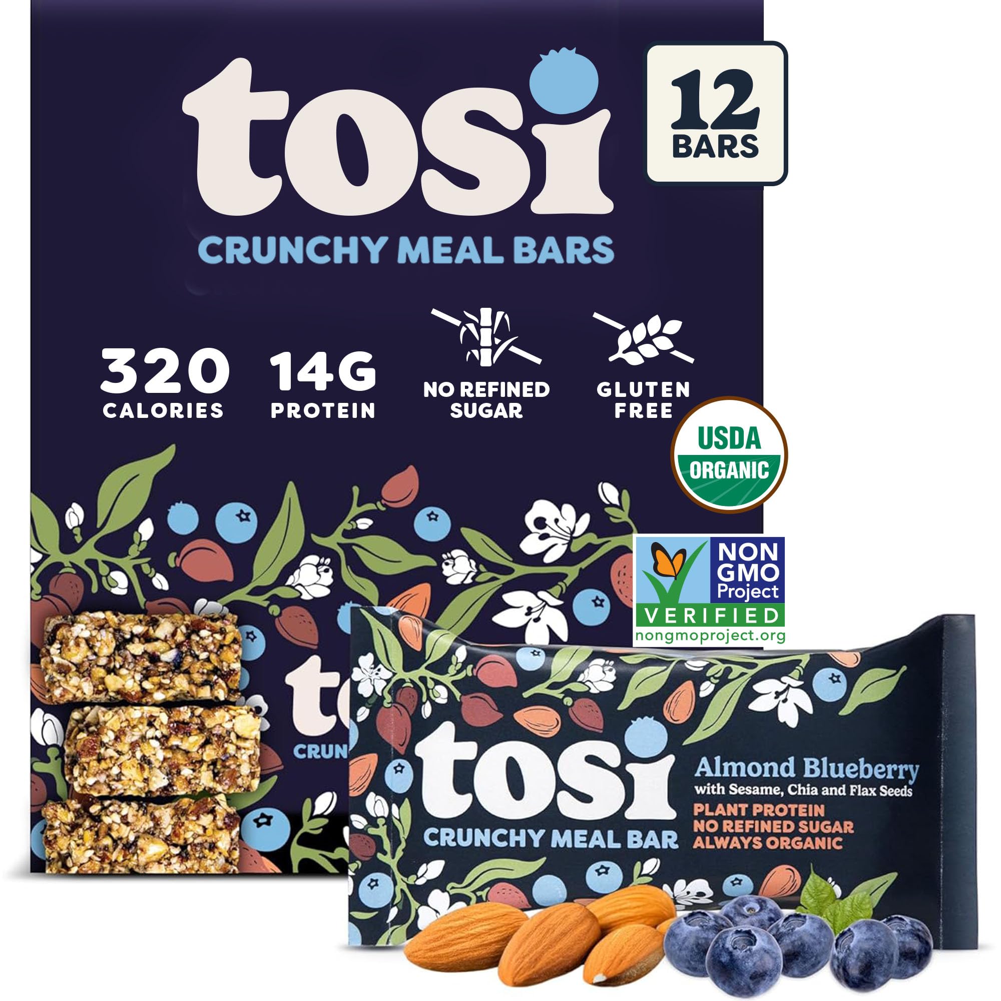 Tosi Meal Nut Bars, Almond Blueberry, Healthy Snacks for Adults & Kids, Crunchy Plant Based Protein Bar (14G), Keto Snacks, Vegan, Gluten & Soy Free, Low Sugar, Omega 3s, 2.4oz, 12-Pack