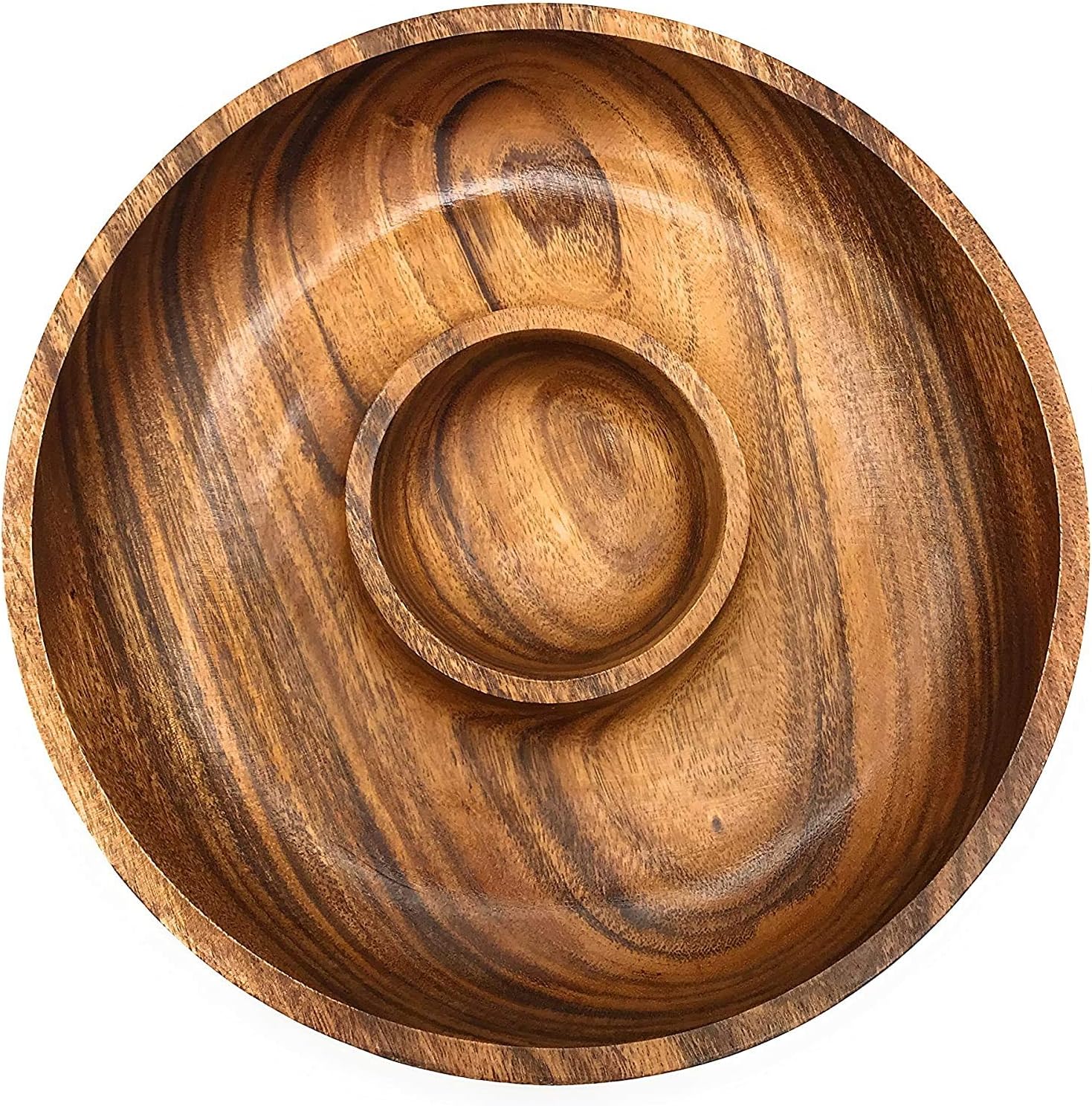 Acacia Wood Chip and Dip Specialty Salsa Bowl Plate Tray 10' D x 1.5" Thick (Brown)