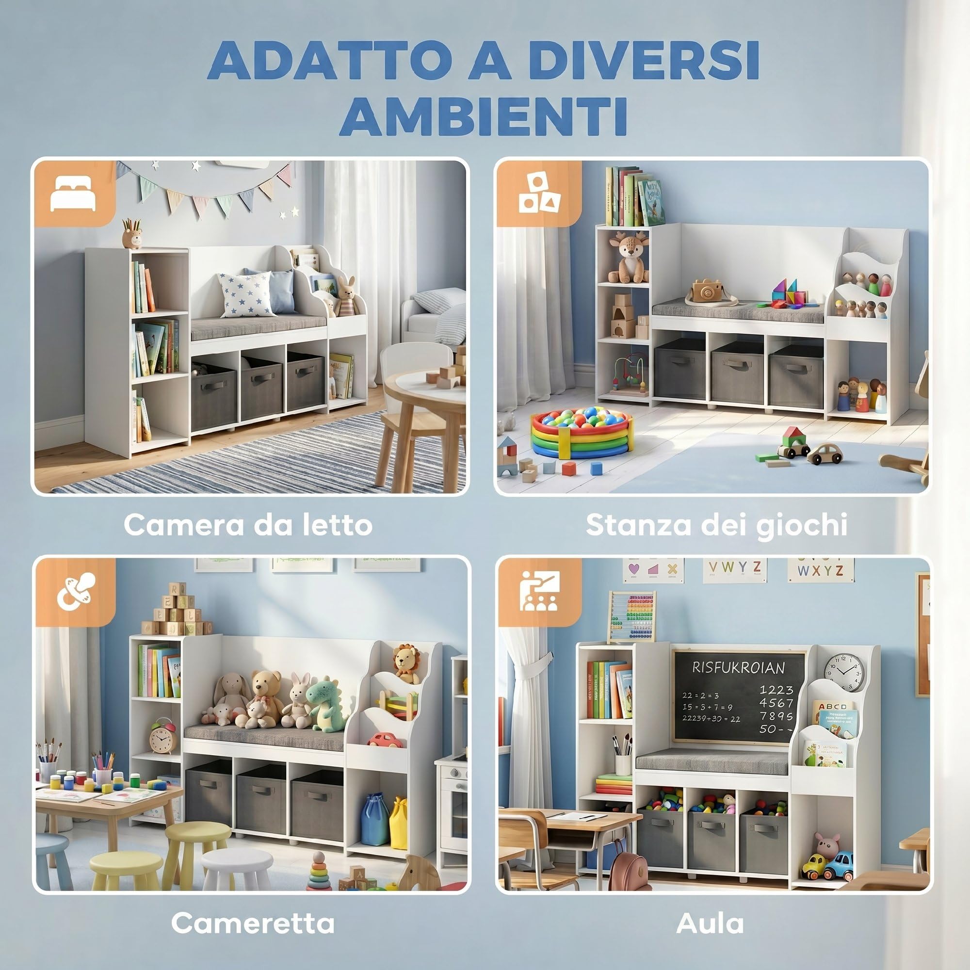 AIYAPLAY Scaffale Portagiochi Bambini, Libreria Montessoriana per Bambini in Legno 3-8 Anni con Libreria a 3 Livelli, 3 Cassetti in Tessuto, 4 Scomparti, Cuscino, per Cameretta, 137x40x80cm, Bianco