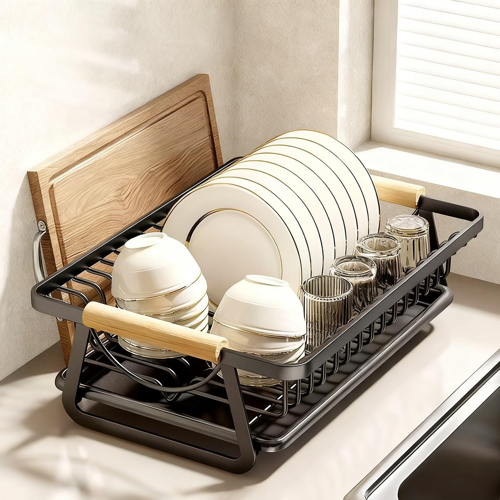ARUNASC dish racks Dish Drying Rack for Kitchen Counter Stainless Steel Sink Organization and Storage Essentials with Cutlery Holder drainer(Elegant Black,M)