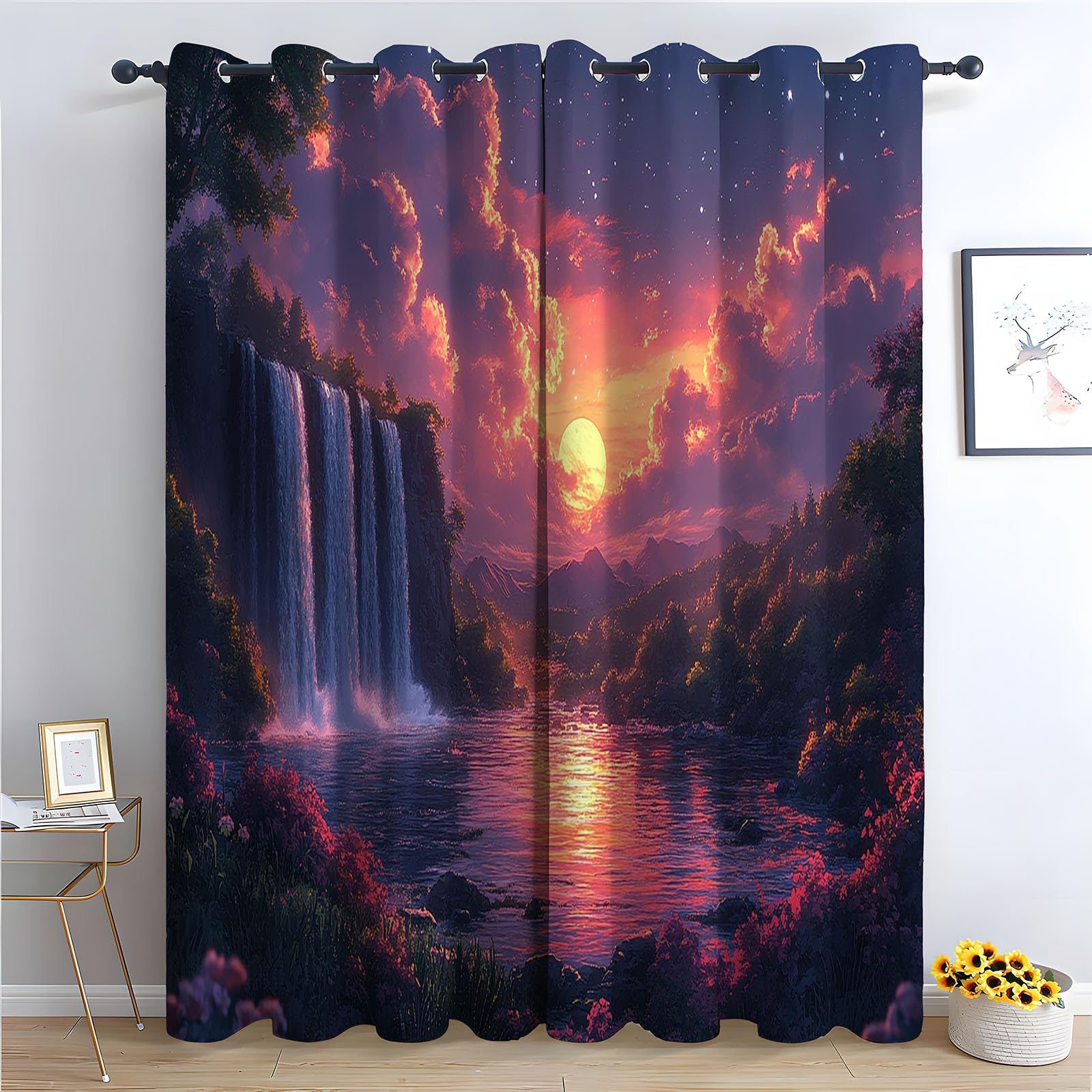 TERUEA Blackout Curtains Sunset waterfall valley golden sun lake floral forest Green Floral Patterned Curtains Vintage Art Deco Drapes Thermal Insulated Room Darkening Curtains-52"W x 96"L (Pack of 2)
