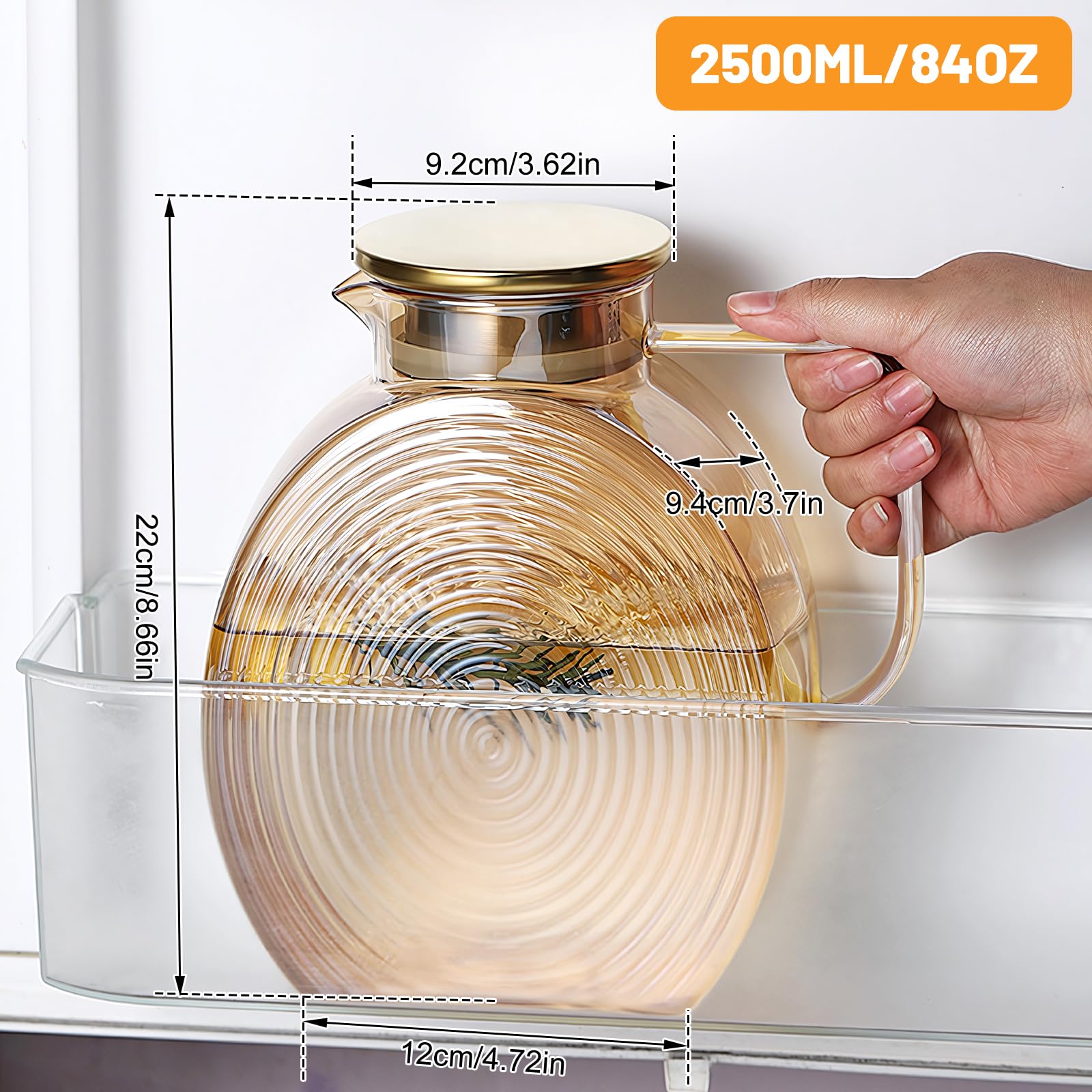 Jarra de agua de 2,2 litros de vidrio de borosilicato, jarra de agua con tapa de acero inoxidable, a prueba de fugas para bebidas caseras/café/leche/té helado/vino/jugo