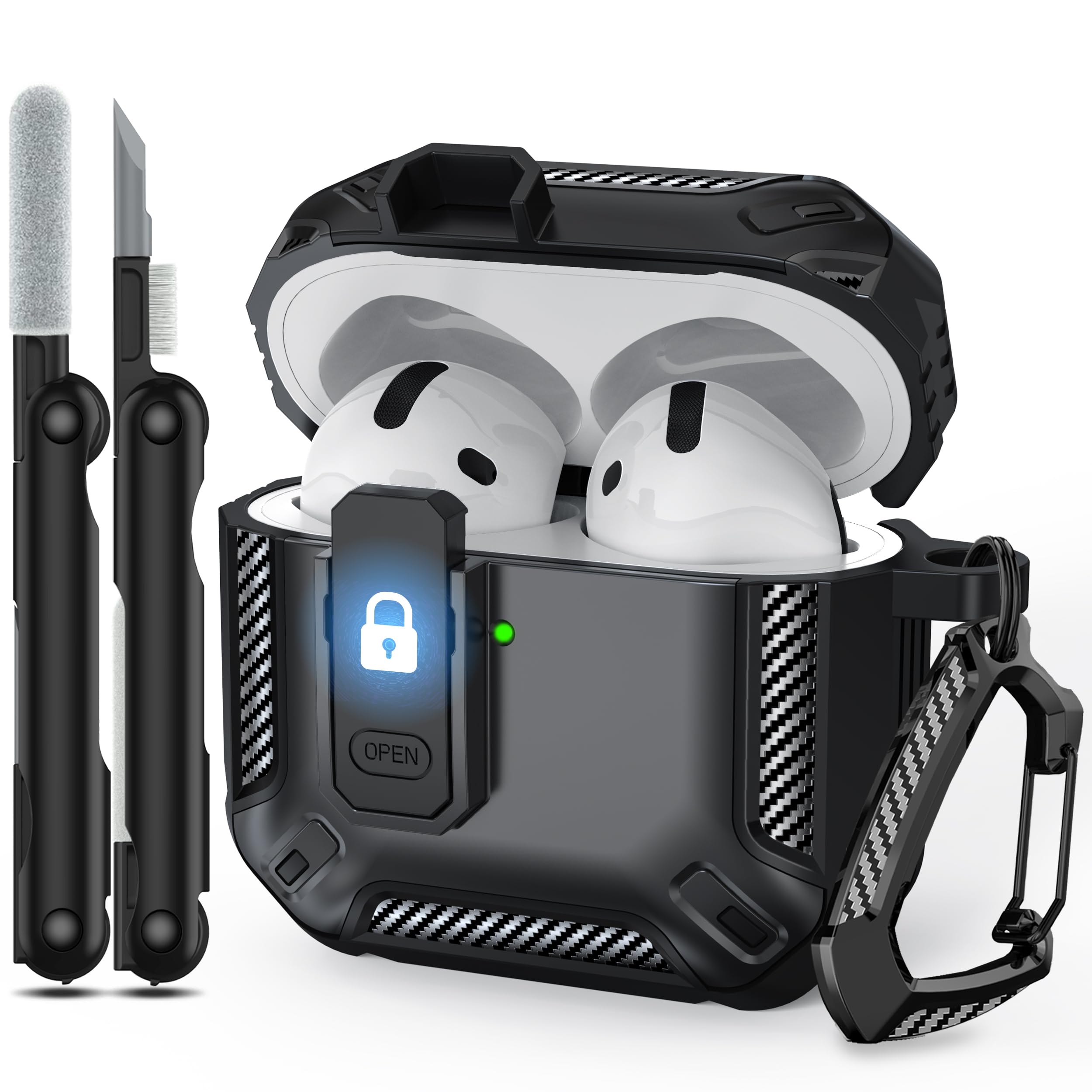 R-fun Compatible AirPods 4th Generation Protective Case, Drop-Proof, Shockproof and Locking Design with Cleaning Kit and Keychain for AirPods 4 2024 - Black