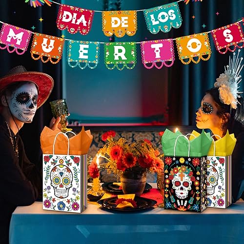 Miniatura 6 de Paquete de 16 bolsas de regalo del Día de los Muertos con asas, bolsas de dulces de calavera de azúcar, bolsas de golosinas con papel de seda para