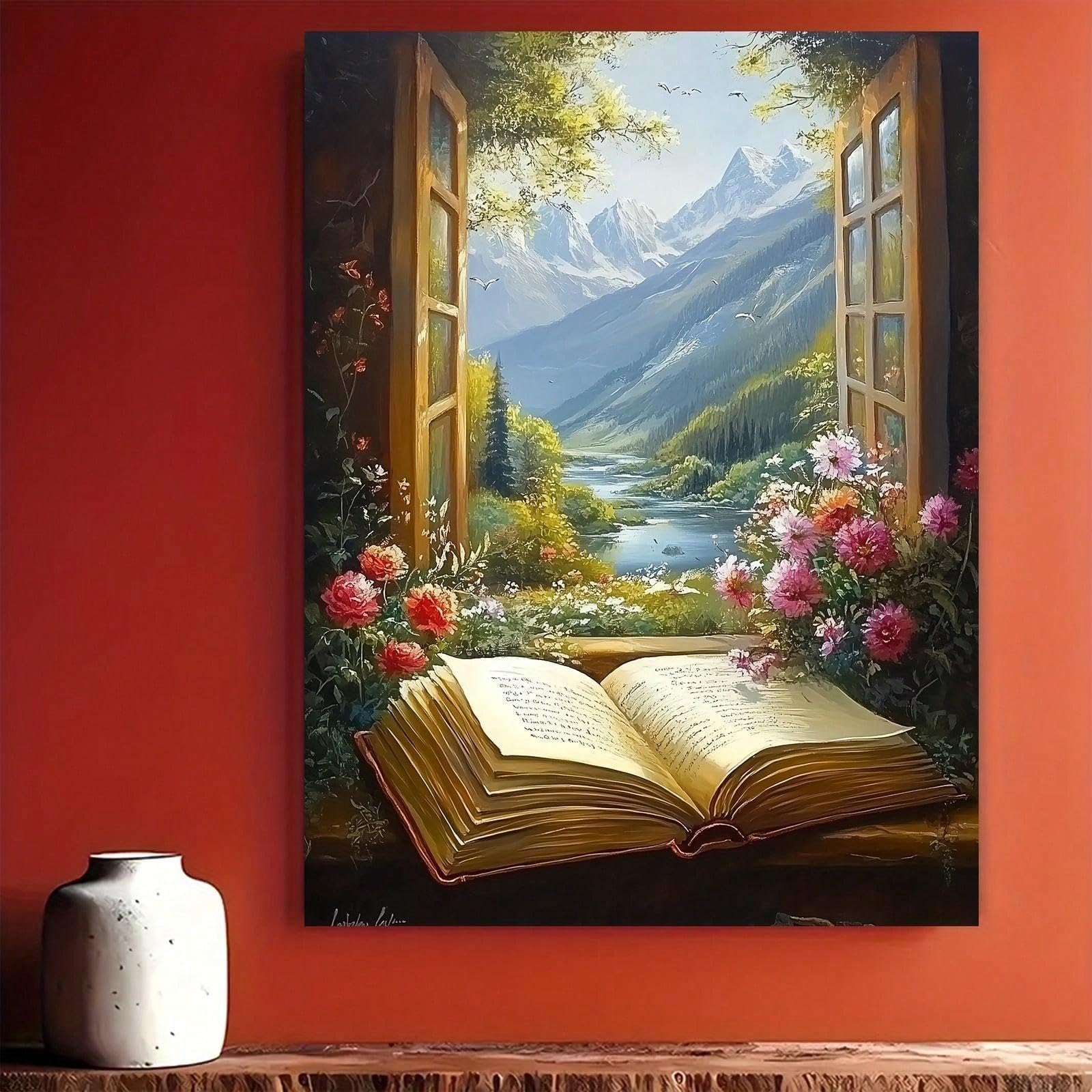 Pintura sobre lienzo, arte de pared, libro abierto con encantadora vista de paisaje para el hogar, oficina, sala de estar, dormitorio, restaurantes, decoración, 70x108cm, marco interior