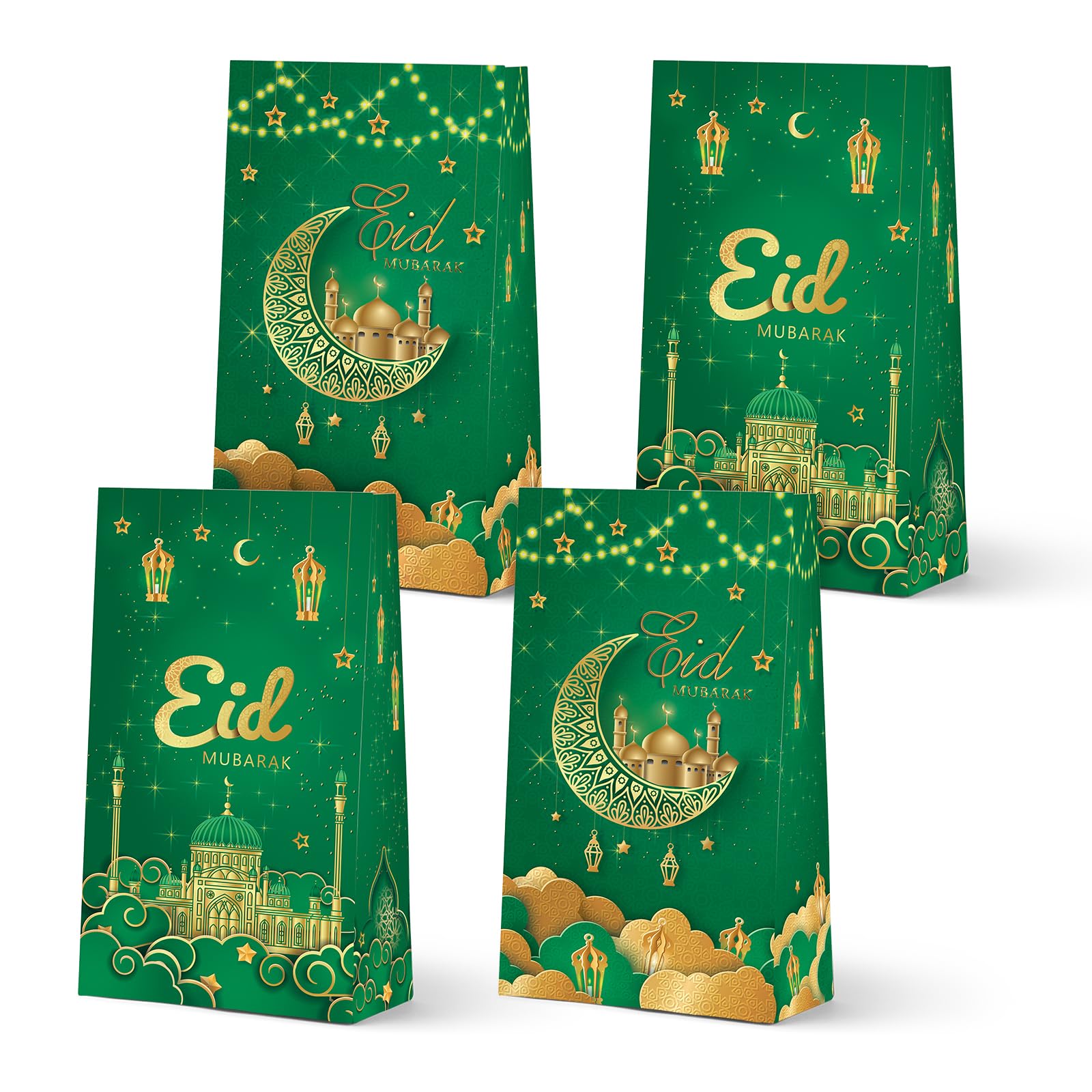 KALEFO 24 PCS Eid Mubarak Favor Gift Bags Ramadan Muslim Party Supplies Goodie Treat Bags for Candy Table Decorations Eid Birthday Celebrations Green