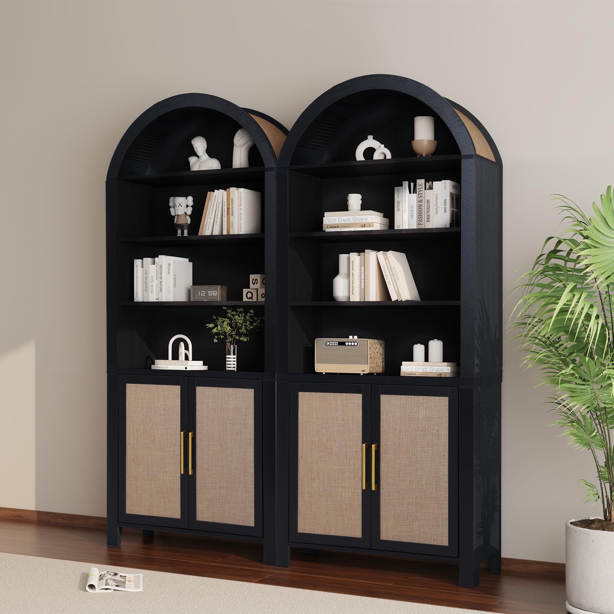 Janmer Home 71" Tall Arched Bookcase with Storage, Modern 6-Tier Arch Cabinet with Door, Arched Bookshelf Cabinet with Open Display Storage Shelf for