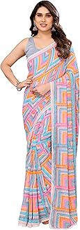 Women's Party Wear Georgette Printed Border Ready To Wear Saree With Unstiched Blouse Piece