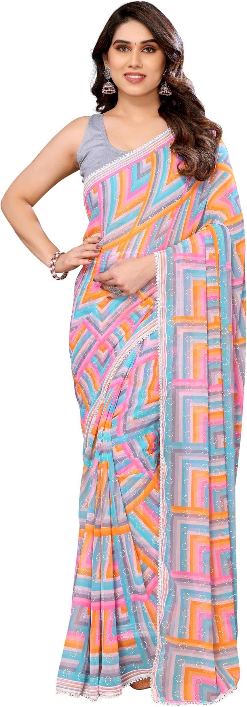 Women's Party Wear Georgette Printed Border Ready To Wear Saree With Unstiched Blouse Piece