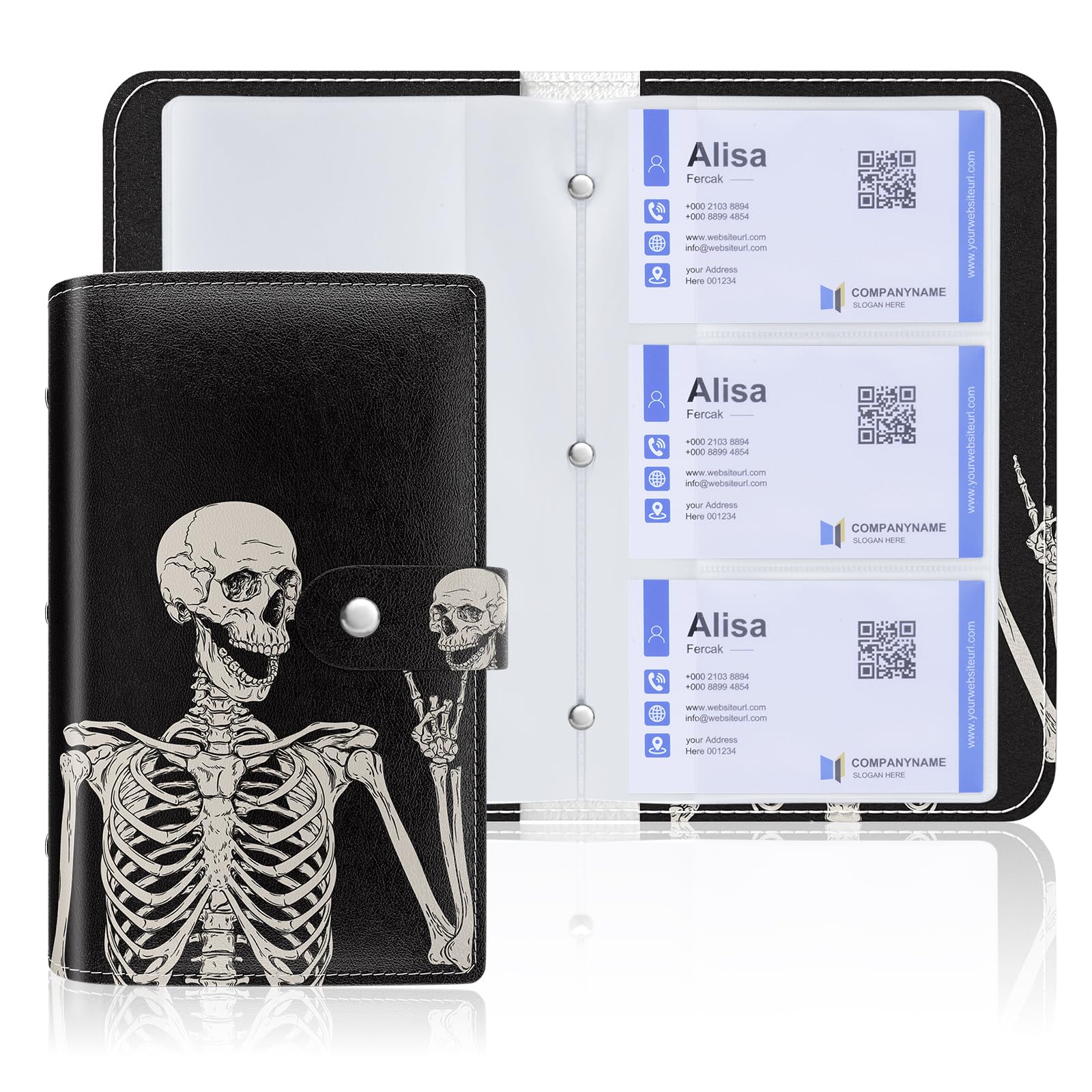 Rouidr Business Card Organizer, RFID Business Credit Card Holder with 96 Card Slots, Portable Leather Card Wallet for Women, Skull