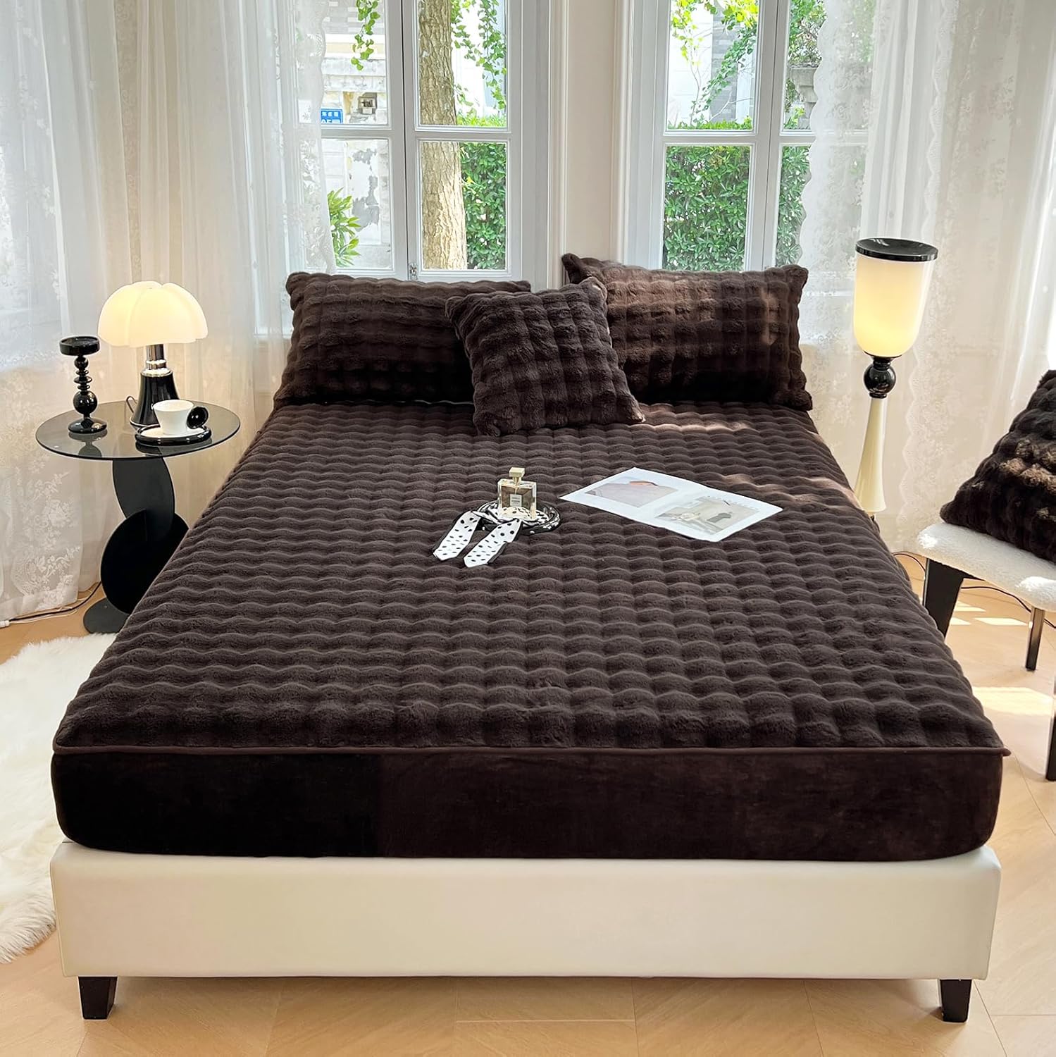 Plush Shaggy Fitted Sheet Full Size -Velvet Fitted Sheet Faux Fur Bottom Sheet with 15" Deep Pocket, Flannel Warm Tie Dyed Mattress Cover,No Pillowcases,Gray