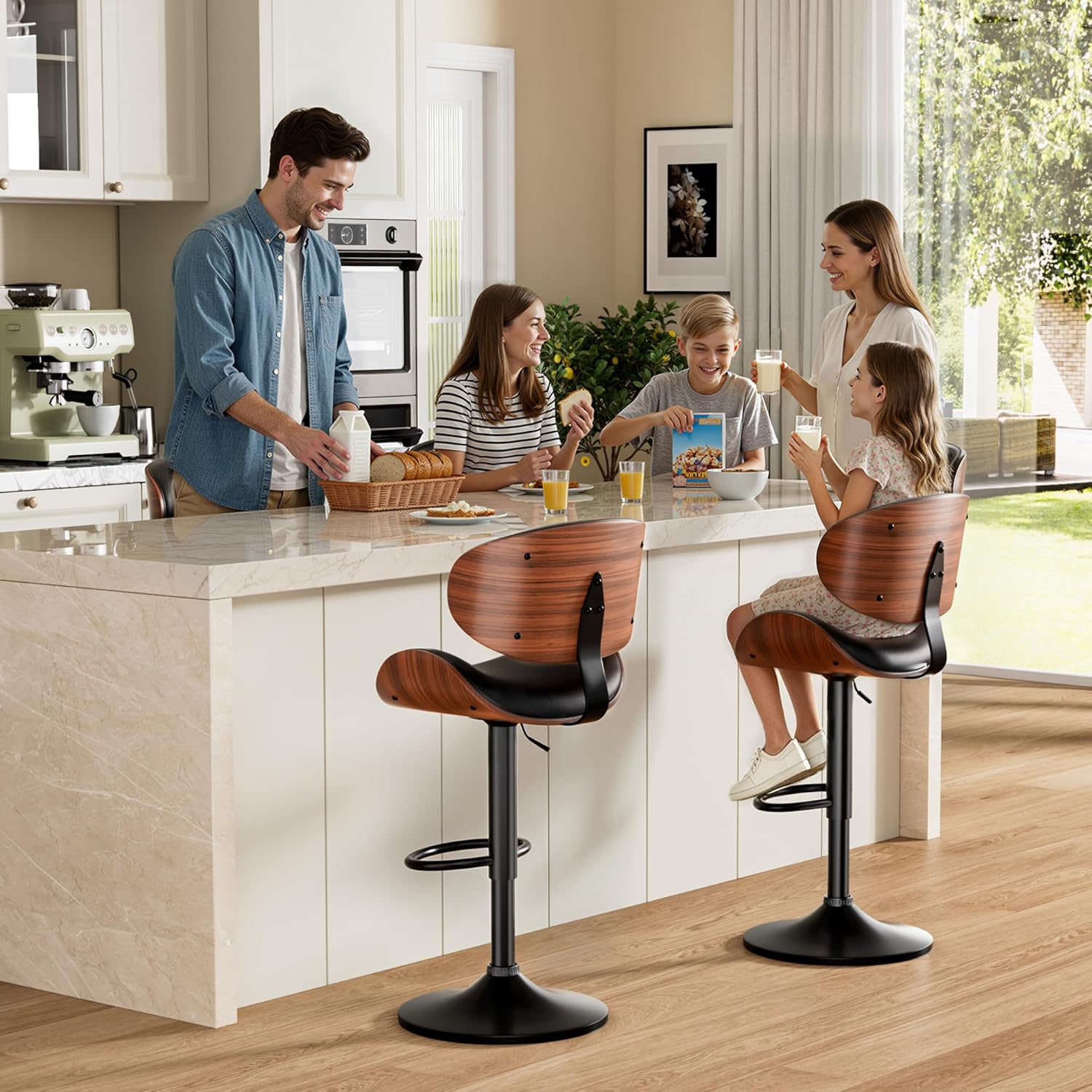Bar Stools Set of 2, Adjustable Swivel Leather Bar Stools for Kitchen Island, Mid Century Modern Counter Height Bar Chairs Barstools with Back & Footrest (Black) Black Set of 2