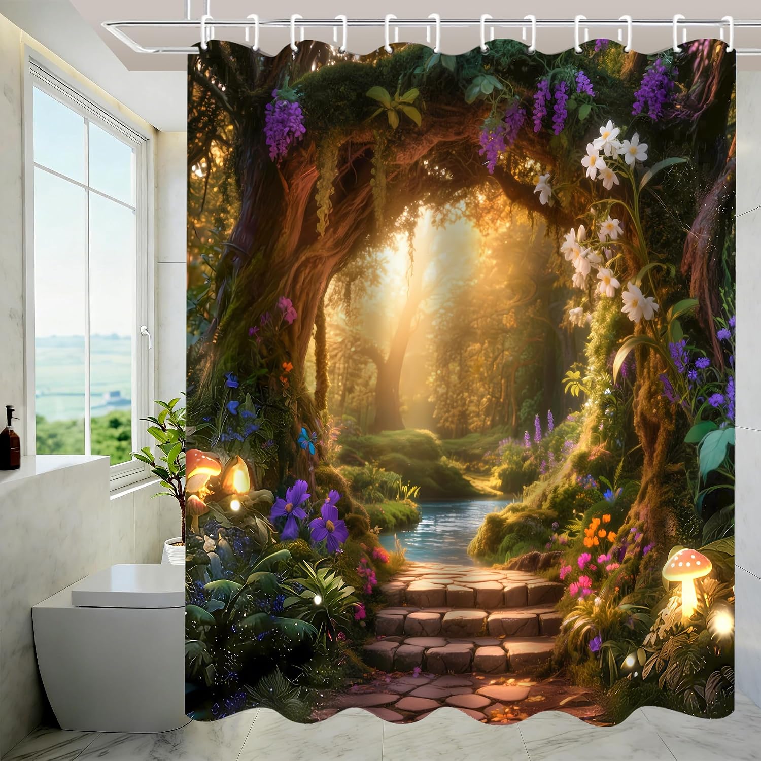 Nkzply 4Pcs Forest Shower Curtain Set Nature Garden Bathroom Sets with Rugs