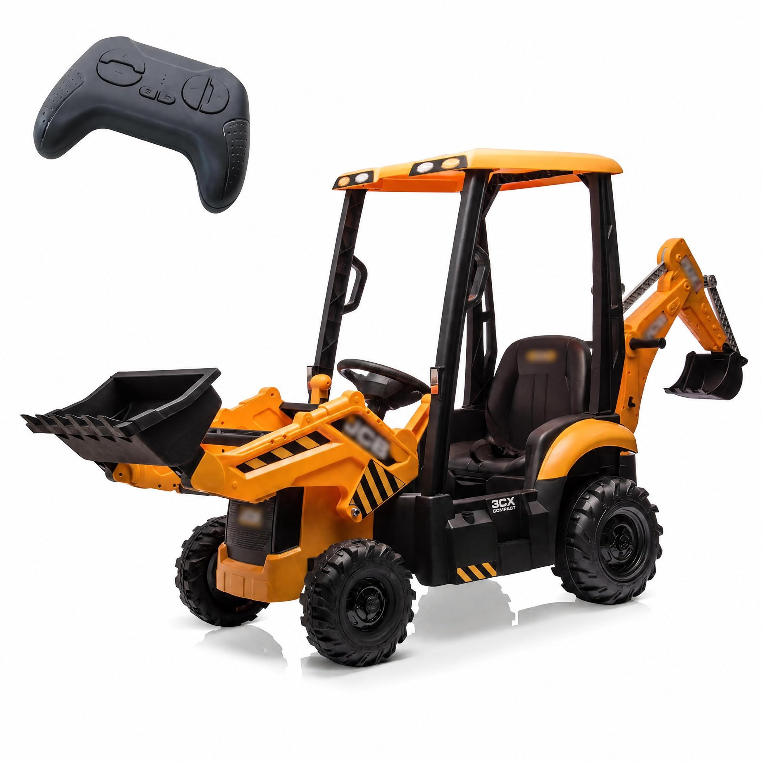 4 en 1 Excavadora para Niños 12V (Amarillo) | Vehículo Eléctrico Infantil con Control Remoto, Pala/Cargador Frontal, Brazo Excavador, Bocina y Asiento Ajustable