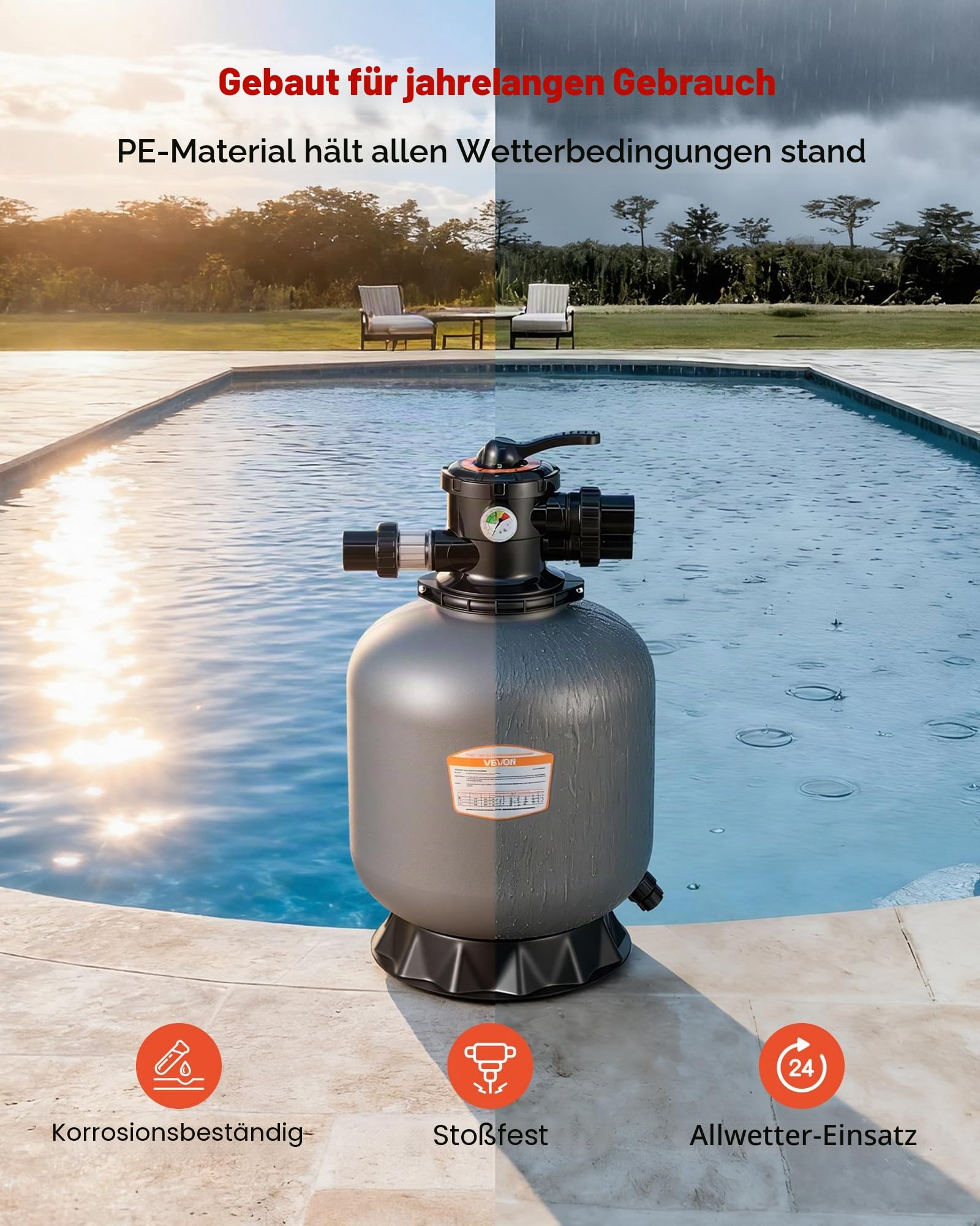 VEVOR Sandfilter, 450 mm Filterkessel, 151 L/min Sandfiltersystem, Filterbehälter mit 7-Wege-Mehrwegeventil, Rückspül-, Spül-, Umwälz-, Abwasser-, Winter- & Geschlossenmodus, für Aufstellpools