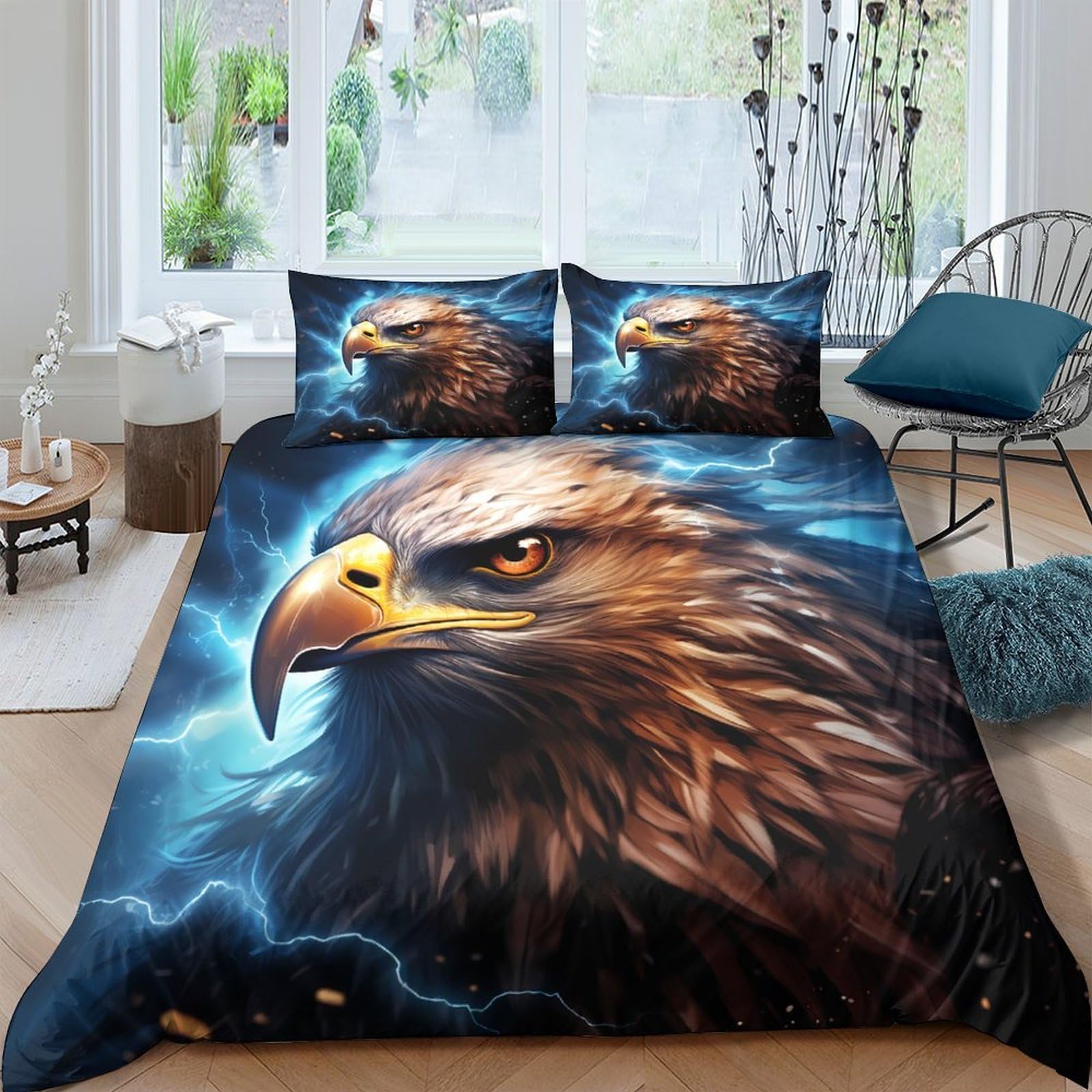 Ctjqhvkz Style-8 3D Printed Eagle Fitted Sheet Microfiber Soft Breathable Lightning Hawk Mattress Cover Bedroom Decor Protection Single（135X200cm）