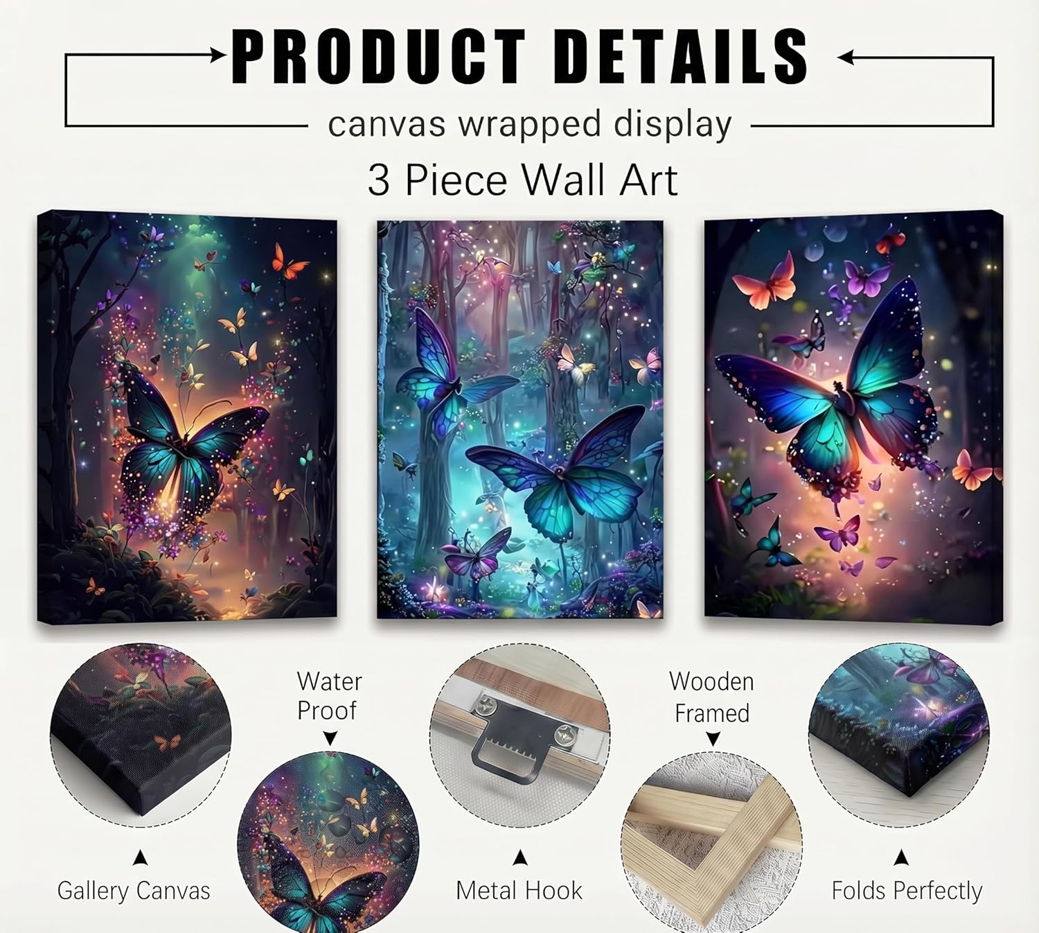 3Pcs Framed Butterfly canvas Wall Art Fantasy forest butterfly wall decoration picture Butterflies poster print Painting Modern Artwork for Home Bathroom Bedroom Living Room Decoration Ready to Hang