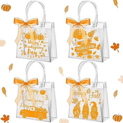 Miniatura 1 de Paterr 50 bolsas transparentes de regalo de otoño de Acción de Gracias con asas, bolsas de regalo de Acción de Gracias, calabaza, gnomo, pavo,