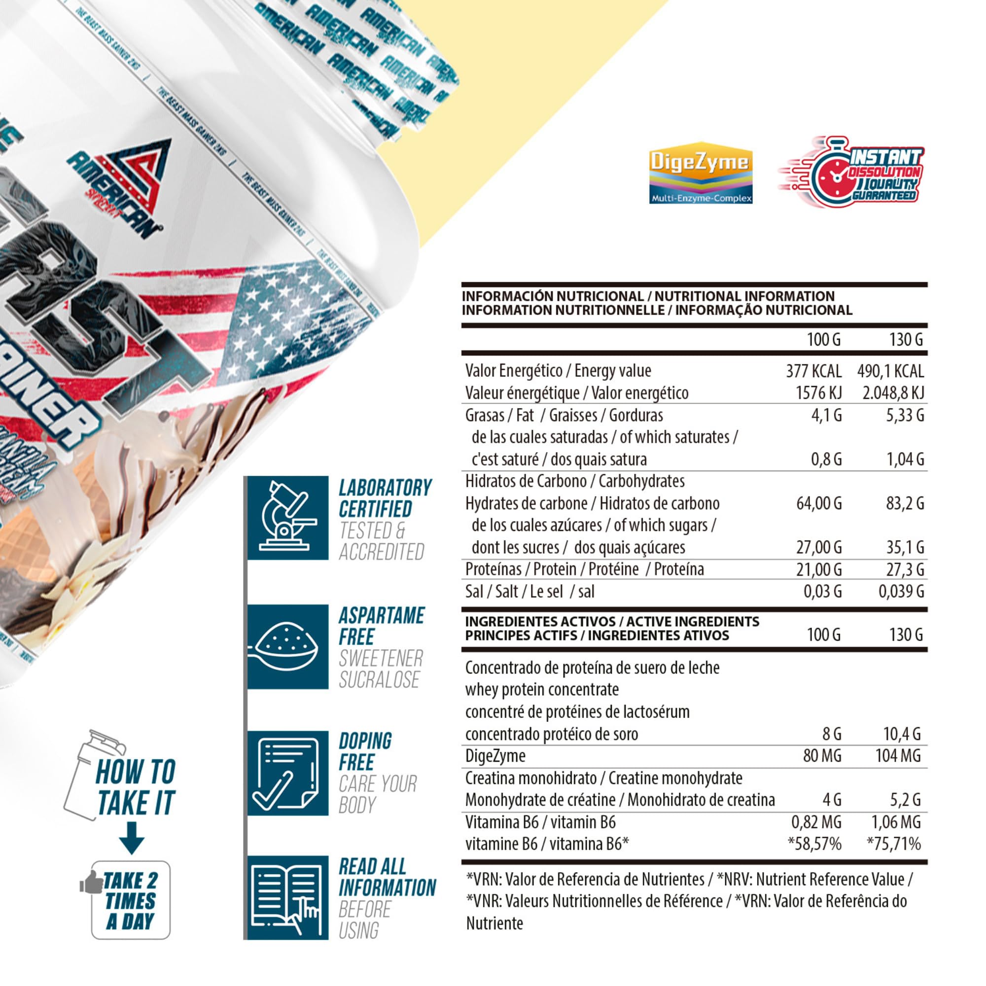Mass Gainer 2kg | Ricco di Carboidrati e Proteine | Aiuta ad Aumentare di Peso e Massa Muscolare | Con Creatina (2 kg (Paquete de 1), Vaniglia)