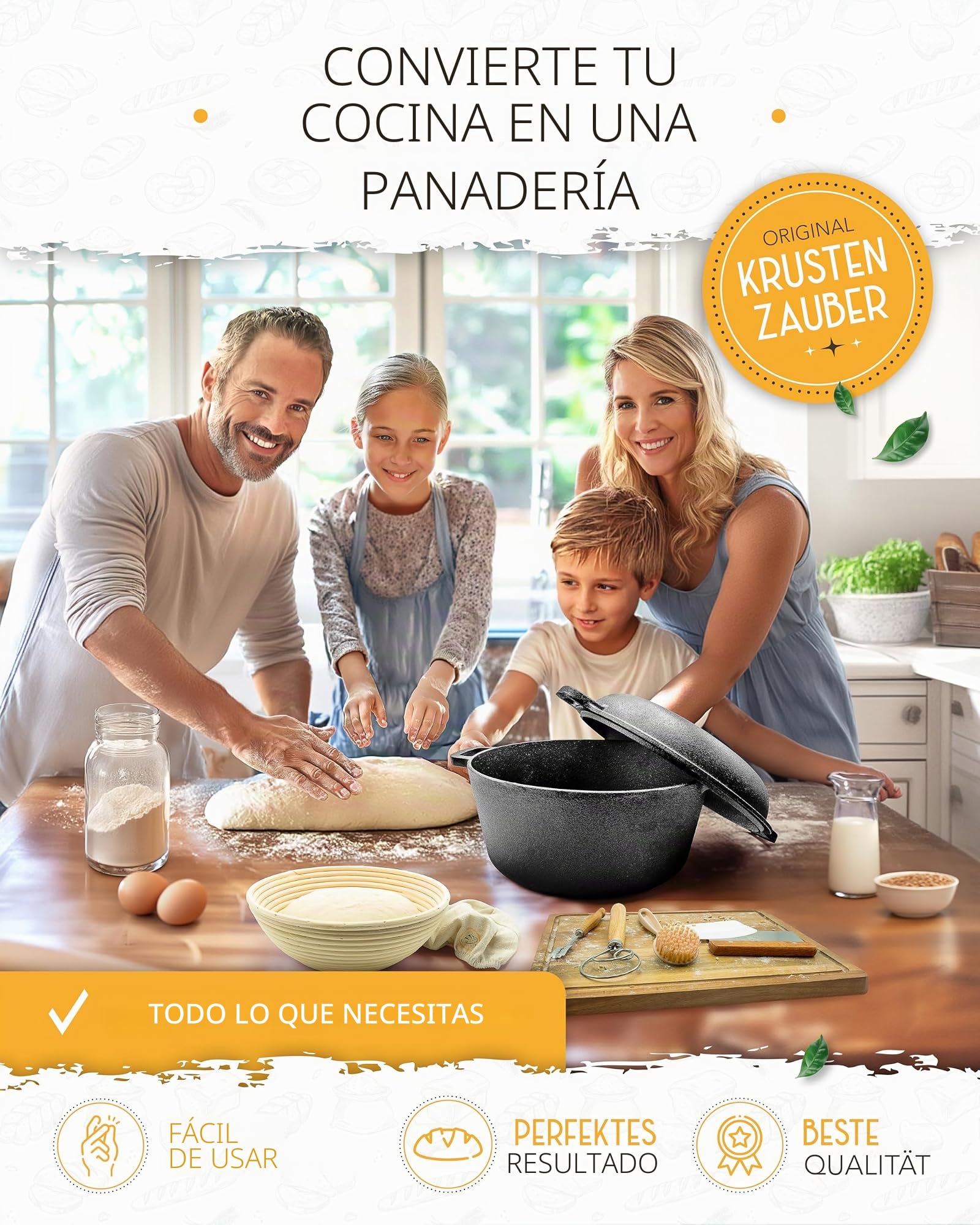 KRUSTENZAUBER Juego XXL de cacerola de hierro fundido, molde para pan con tapa, incluye cesta de fermentación, batidor, cuchillo de panadero, espátula para masa, soga de pan y más – Juego perfecto