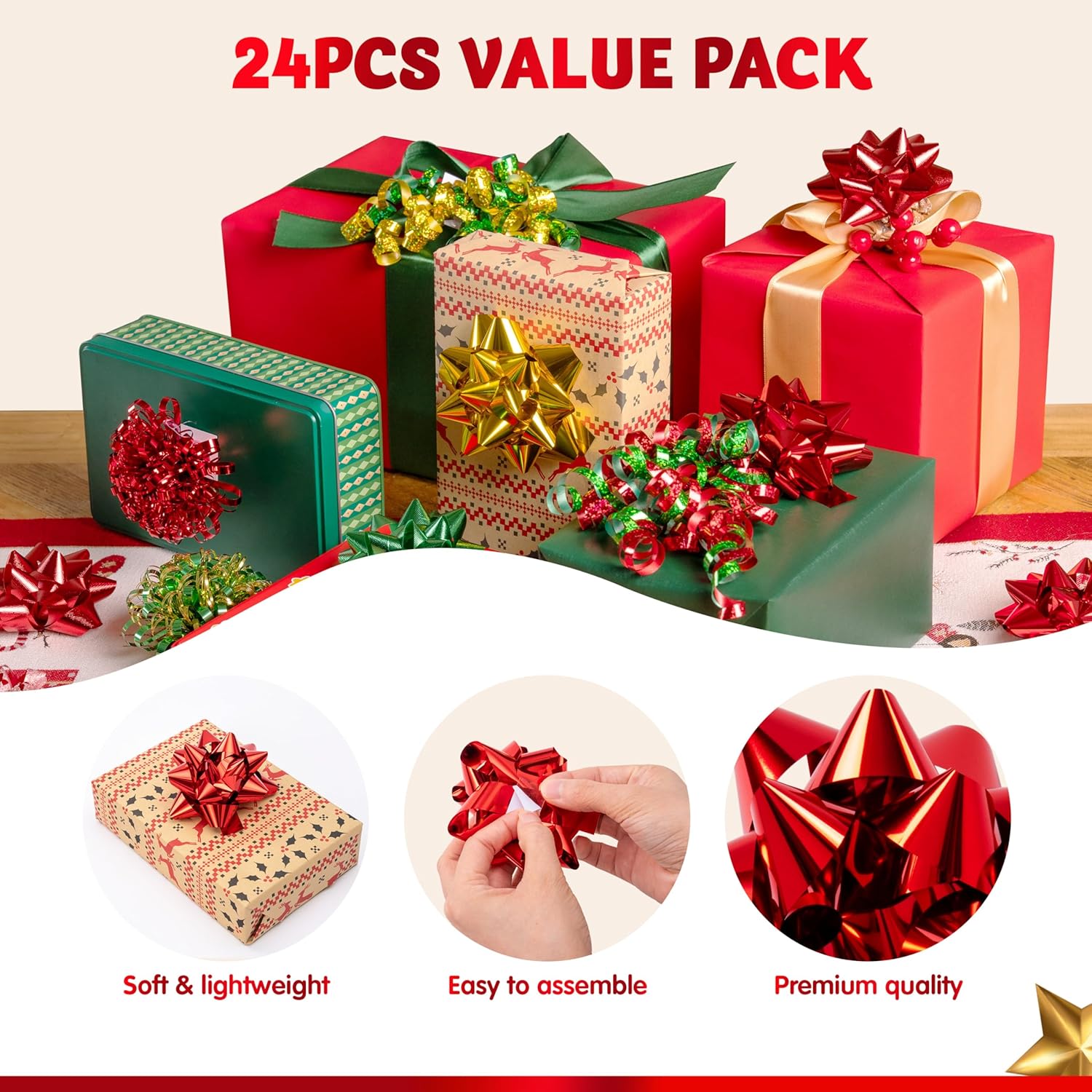 JOYIN 24 PCS Christmas Wrap Gift Bows with 20 Multi-Colored Assorted Size Self Adhesive Bows, 2 Tinsel and 2 Curly Ribbon Bows Wrapping Accessory for Gift Wrapping, Christmas Wrapping Decoration - Image 5