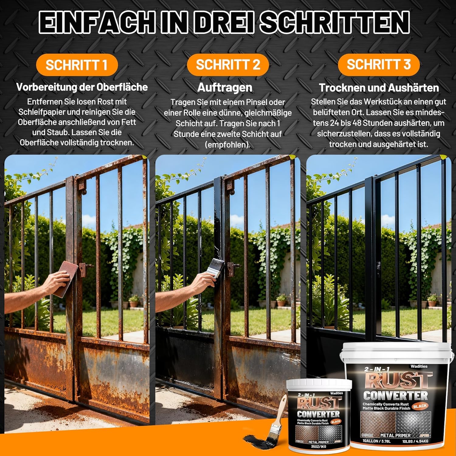 Wadities 2-in-1 Rostumwandler & Metall Grundierung, 4.54kg Mattschwarze Rostschutzfarbe für Metall, Auto Rostentferner & Versiegelung, Langlebige Hitzebeständig Rost Reparatur Set
