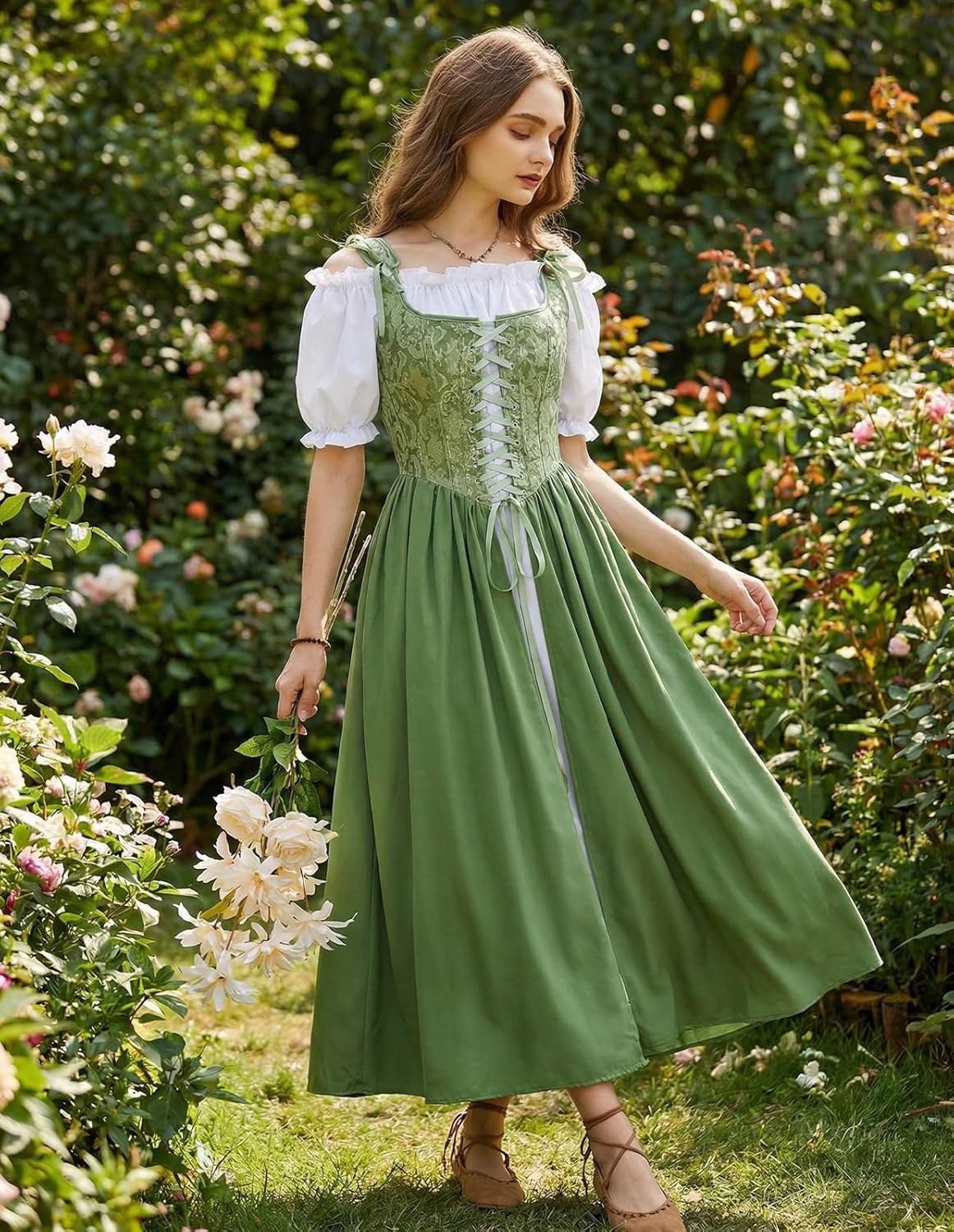 Scarlet Darkness Renaissance Costume Women Medieval Corset Dress Puff Sleeve Fairy Dress - Image 3