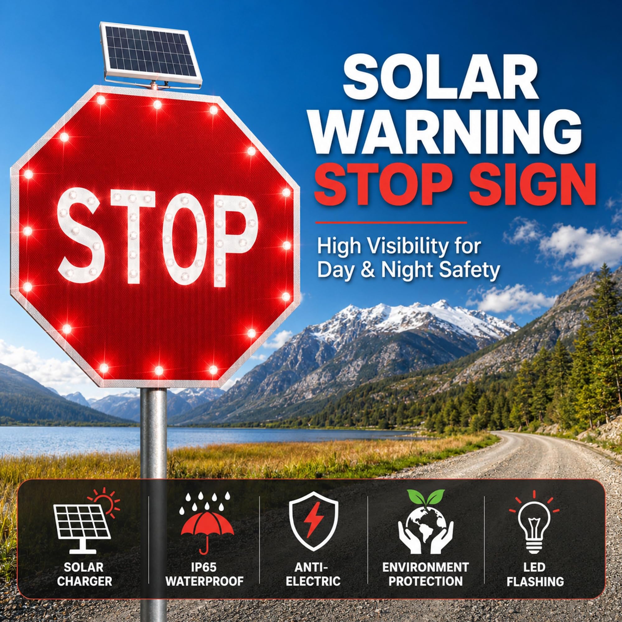 Señal Octogonal Intermitente con LED Solar, 76x76 cm Aluminio Resistente a la Oxidación, IP65 Impermeable para Pasos de Peatones y Entradas de Vehículos