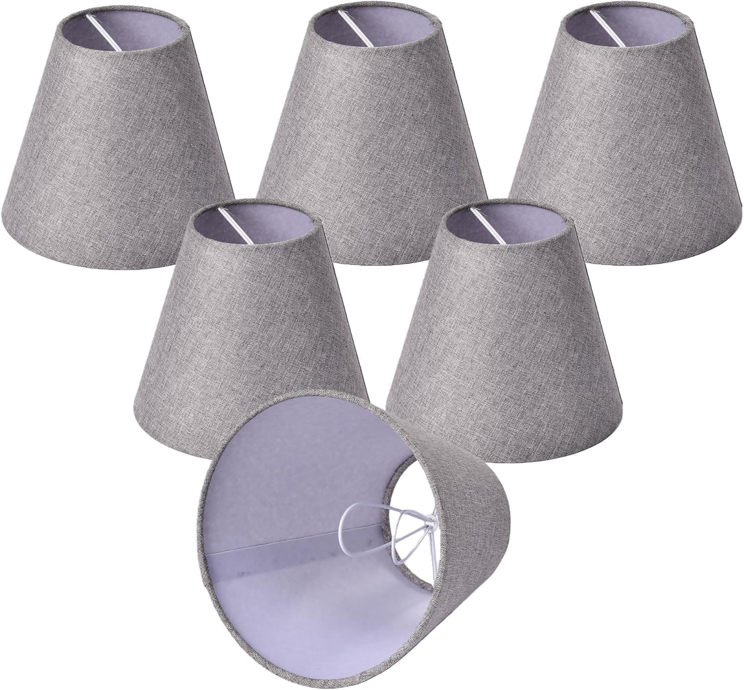 Clip On Lamp Shades Set of 6, Grey Linen Small Empire Lampshades for E14 Candle Bulbs, Clip-On Replacement Shades for Chandeliers, Wall Sconces & Table Lamps