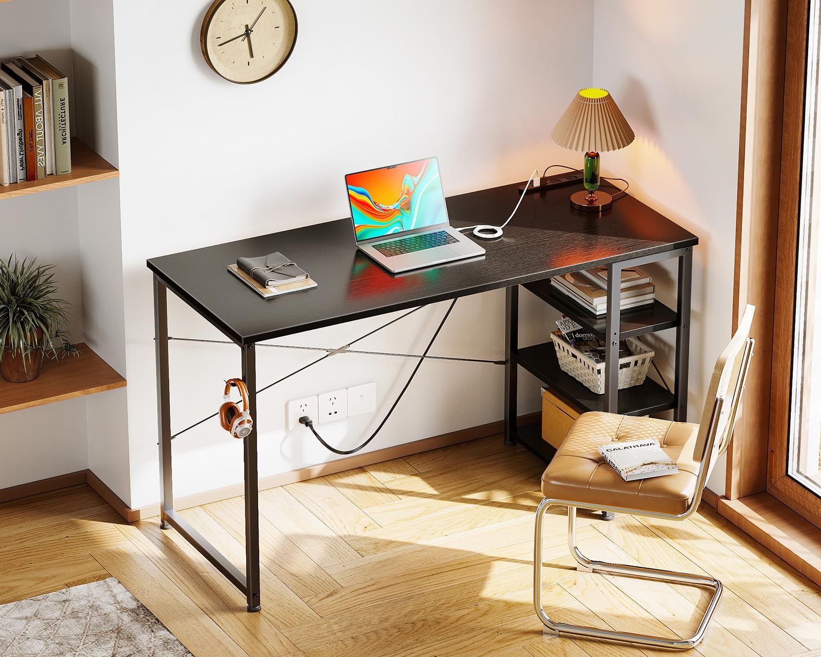 Amazon | デスク 机 pcデスク 幅120cm コンセント付き 3段ラック付き