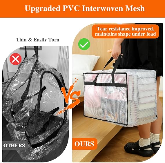 Vieshful 3 Pack 60L Clear Clothes Storage Bag with Handles