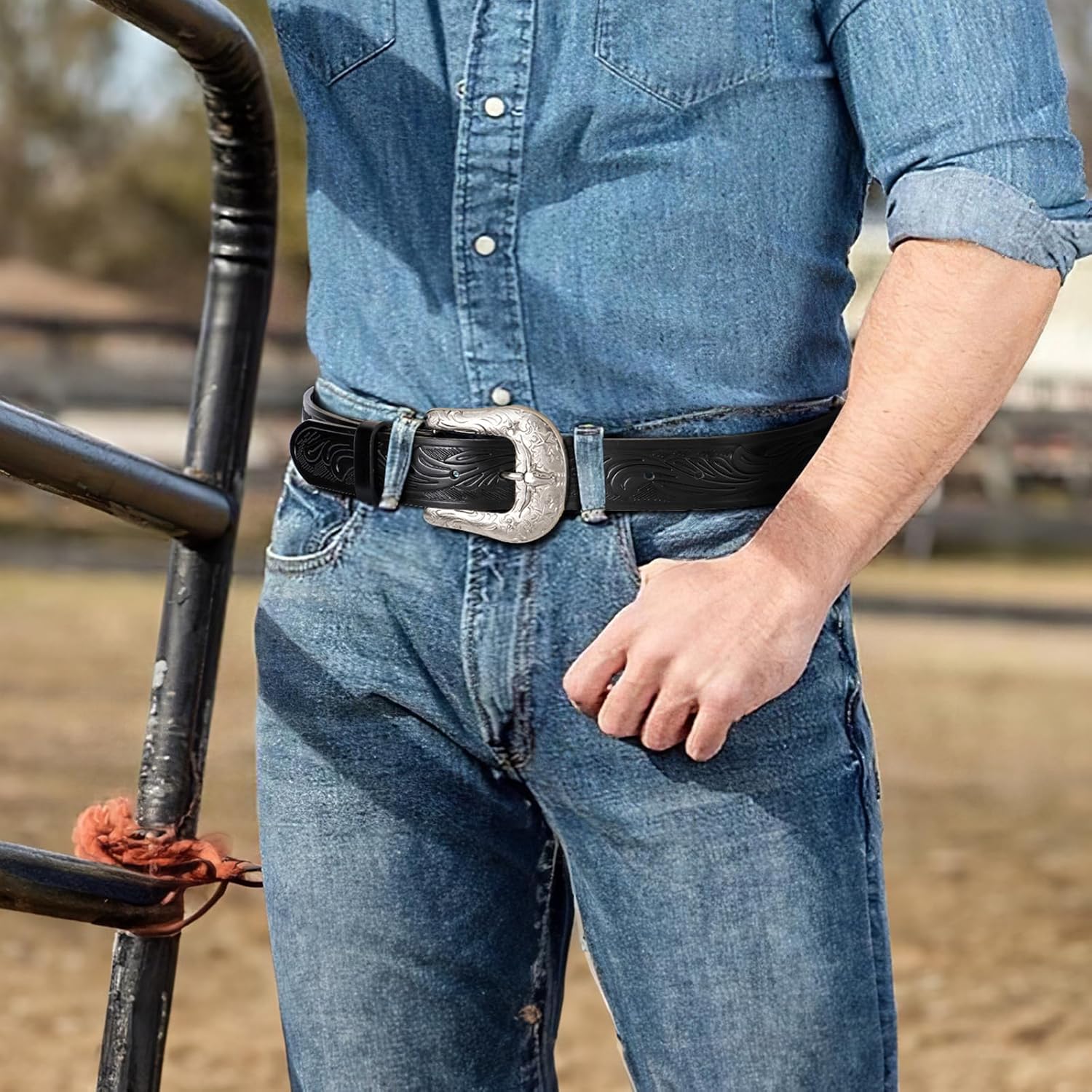 SANSTHS Western Belts for Men Women, Adjustable Mens Cowboy Country Belt for Pants Jeans with Vintage Engraved Leather - Image 5