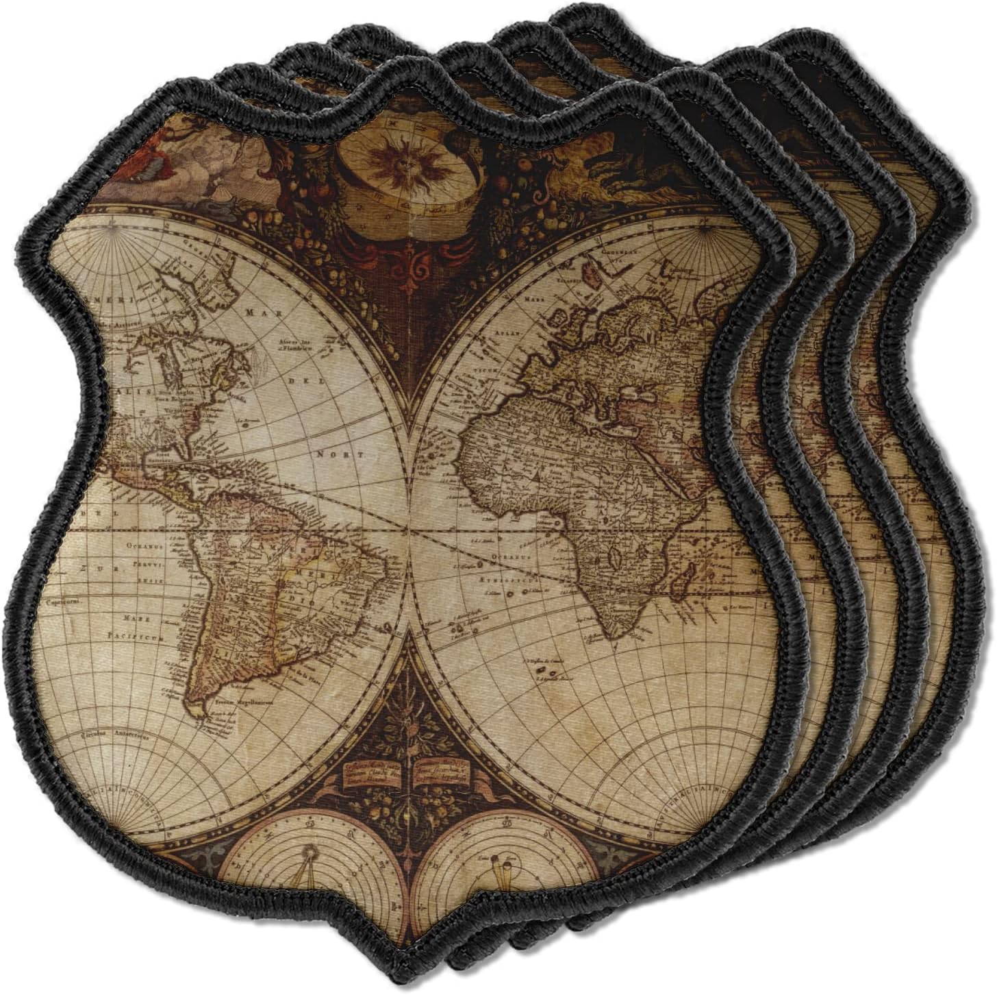 Vintage World Map Iron on Shield A Patches - Set of 4