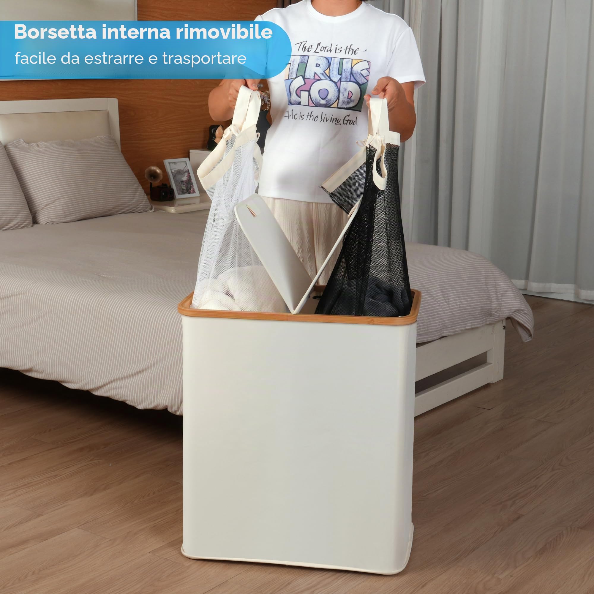 efluky Cesto portabiancheria da 140 l, con coperchio, 2 scomparti, grande cesto portabiancheria per biancheria, doppio cesto portabiancheria con 2 sacchetti rimovibili, Beige