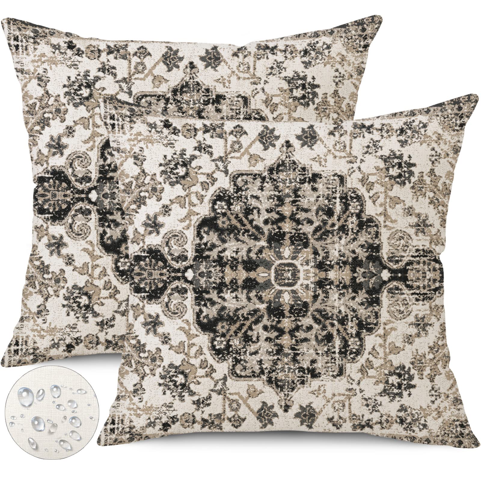 Gujiahone Outdoor Waterproof Pillow Covers - 18x18 Inch Set of 2 Bohemian Vintage Carpet Pattern Pillow Covers in Black & Grey Ethnic Design for