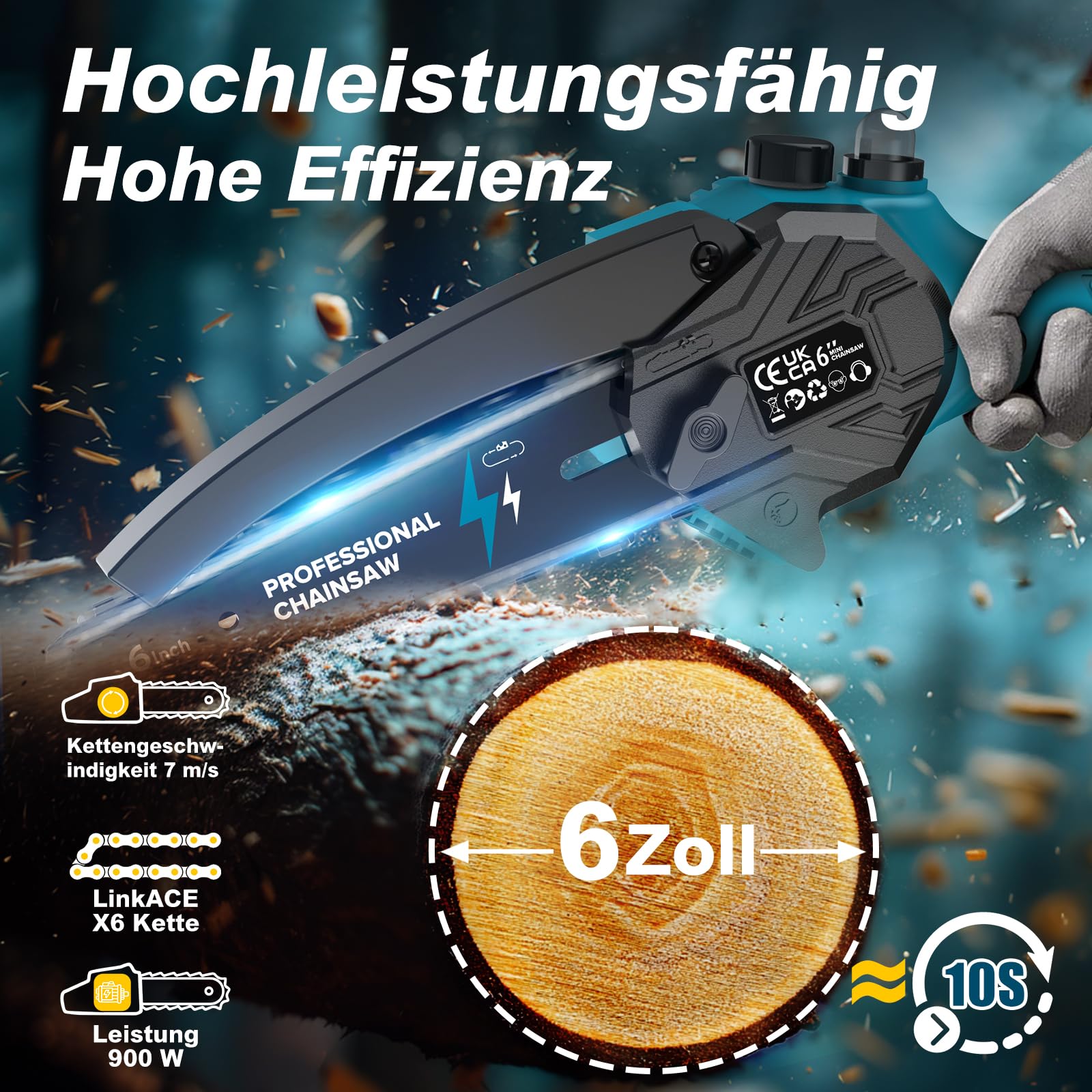 Mini Kettensäge mit Akku 2x4000mAh, 6 Zoll Akku Kettensäge mit Automatischer Öler, Ersatzkette und Ladegerät, Handkettensäg Elektrisch Chainsaw für Gartenscheren Astschere Holzschneidenz DIY