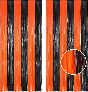 BRAVESHINE Party Foil Fringe Curtains Backdrop Halloween Decorations | 3.2x8.2ft Black Orange Tinsel Streamer Curtain for Birthday/Graduation/Pumpkins/Sports/Basketball Party Decorations 2 Pack