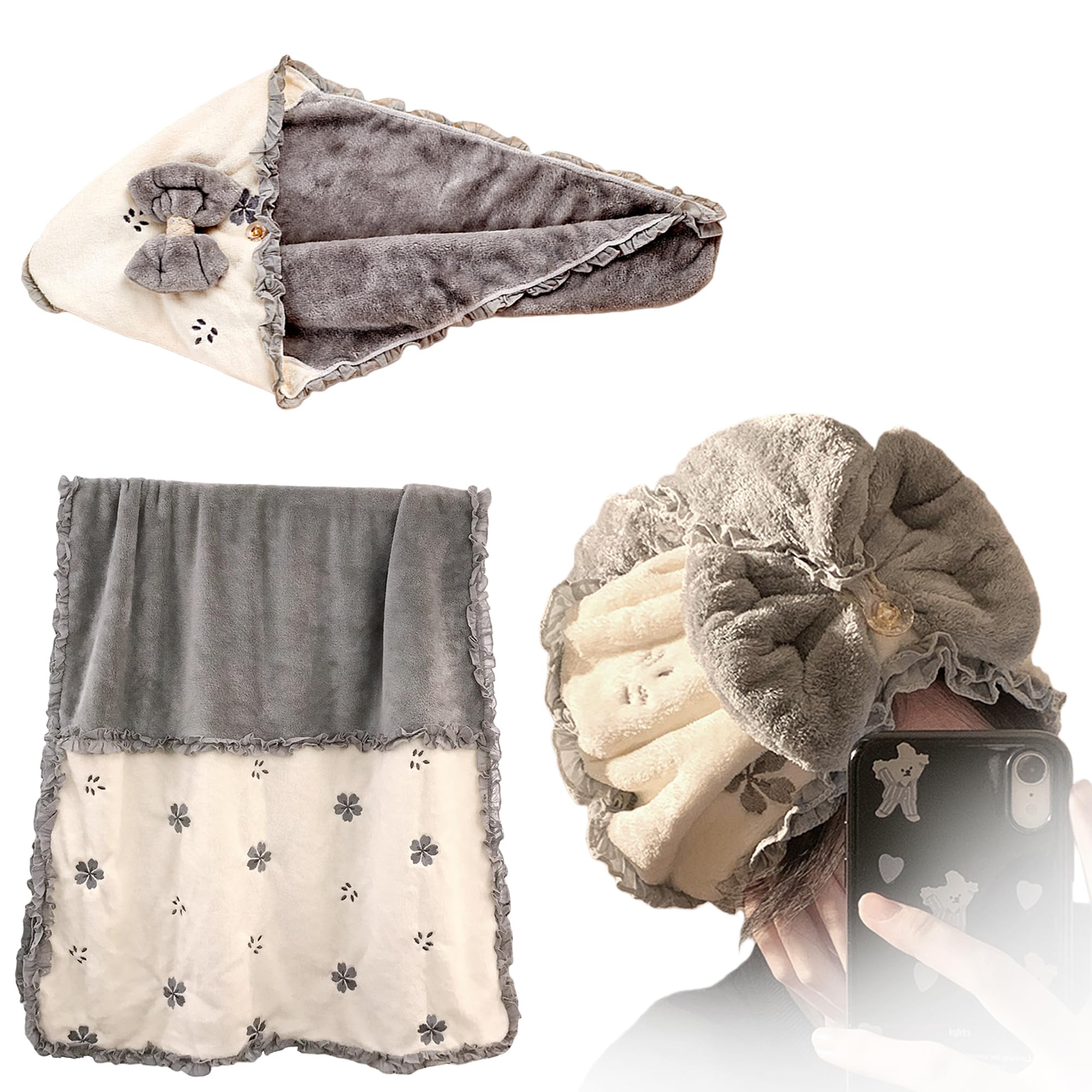 UINSUE Hair Towel Set Cute Bow Design Girlish Sakura Embroidery Soft Coral Fleece Fast Drying Bath Wrap for Women Shower Home Spa (Gray)