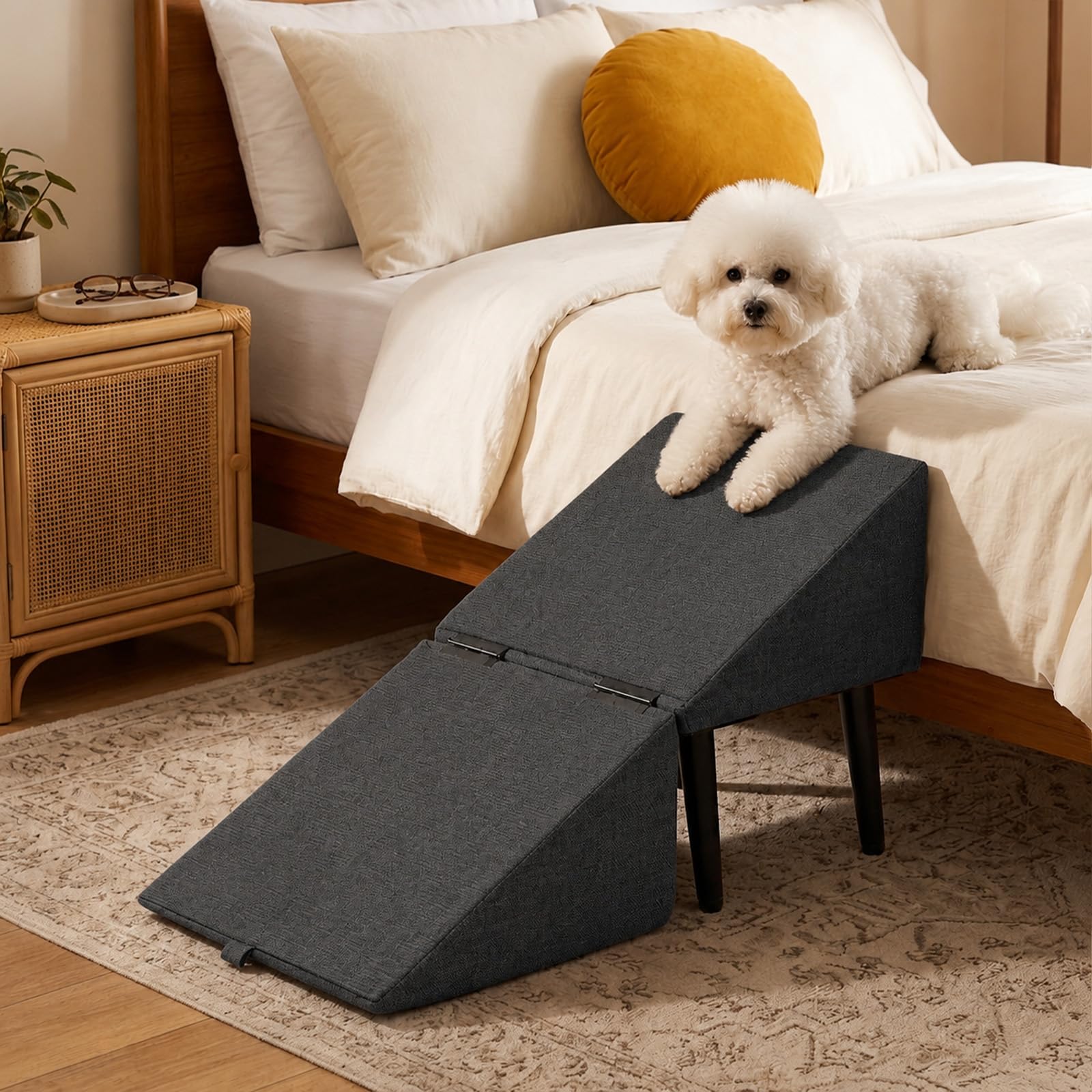 Klappbare Hunderampe mit Rutschfester Oberfläche, Leichte Hundetreppe für Bett, Sofa & Auto, Einstiegshilfe für Kleine, Alte und Verletzte Hunde (Schwarz)